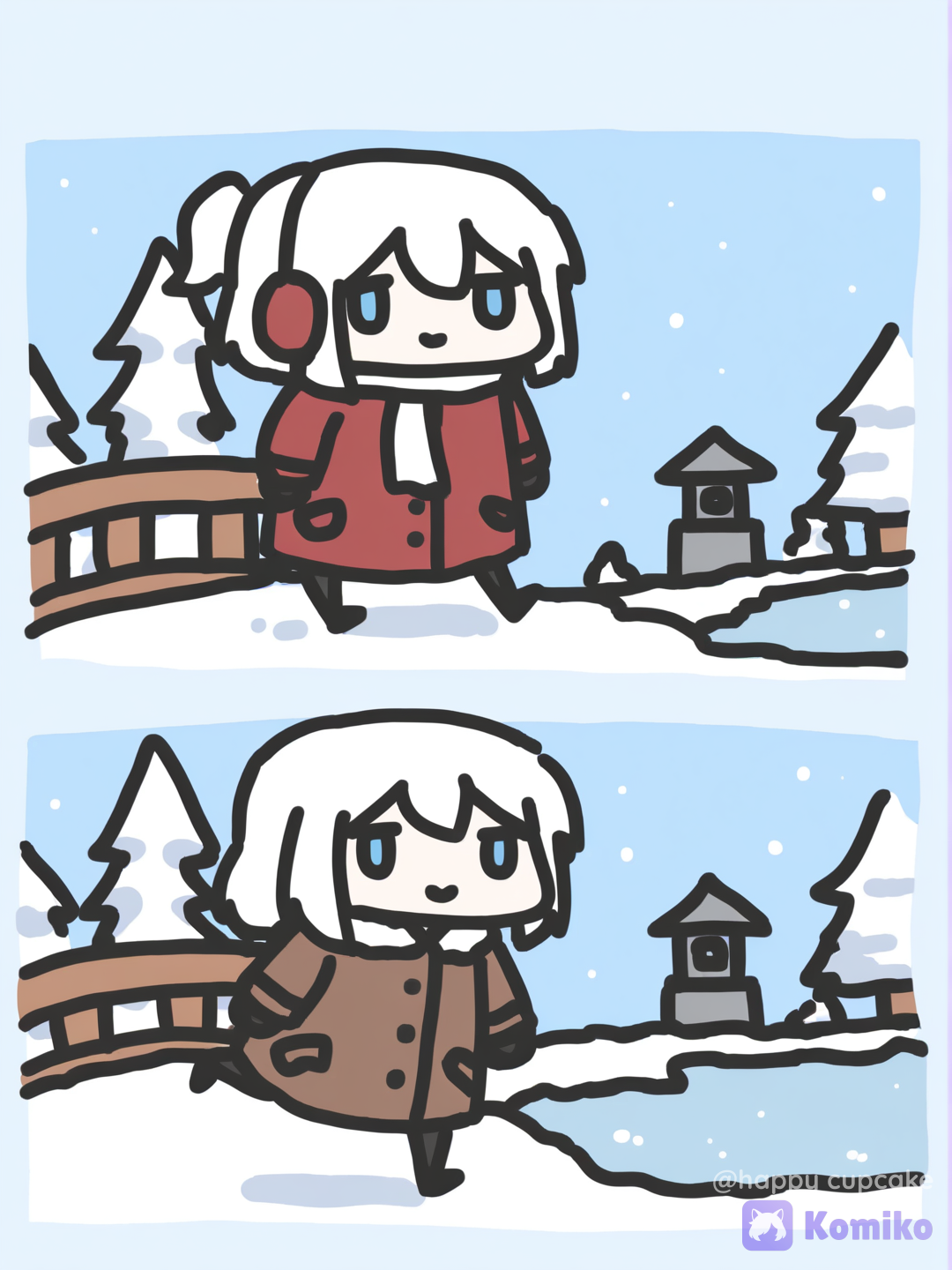 2people, both white hair soft blue eyes, on the left, 1girl, white hair, soft blue eyes, short ponytail, hair between eyes, burgundy coat, duffle coat, hooded coat, fur collar, pockets, buttons, sleeve belts, ear muffins, on the left, 1boy with white hair, soft blue eyes, short hair, in winter outfit, the two having a walk in a traditional Japanese garden, Yukimi-doro by a pond, clear water, both teenagers, side by side, winter, snow covered ground, chatting happily, daylight sufficient environment, lively atmosphere, vibrant palette, highly[doodle-style]