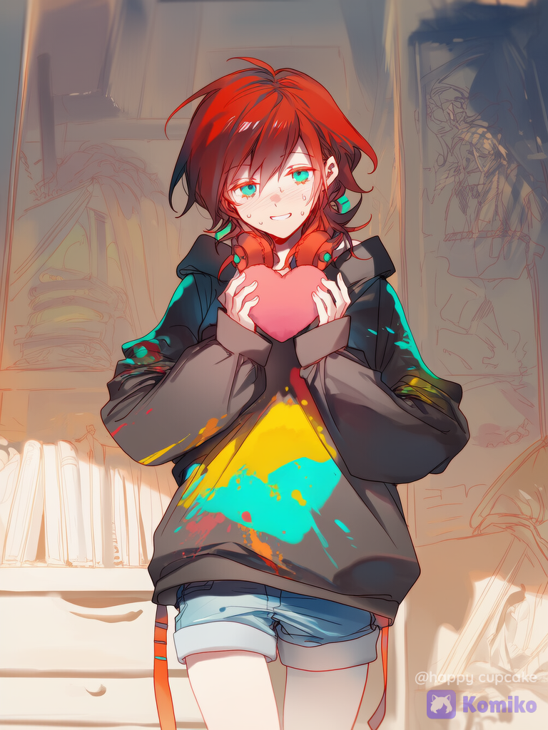 1girl, @aka-aochi-UrUC, standing, both hands holding out a heart plushie before chest, pansexual heart plushie (from top to bottom pink yellow cyan three colors ONLY thick horizontal stripes), in her bedroom, artistic messy bedroom, warm palette, pastel hues, soft light, anxious smile, uncertain gesture, head tilt, soft blush, nervous sweat, not front profile, studio lighting, [soft-glow-style], looking at viewer, cowboy shot