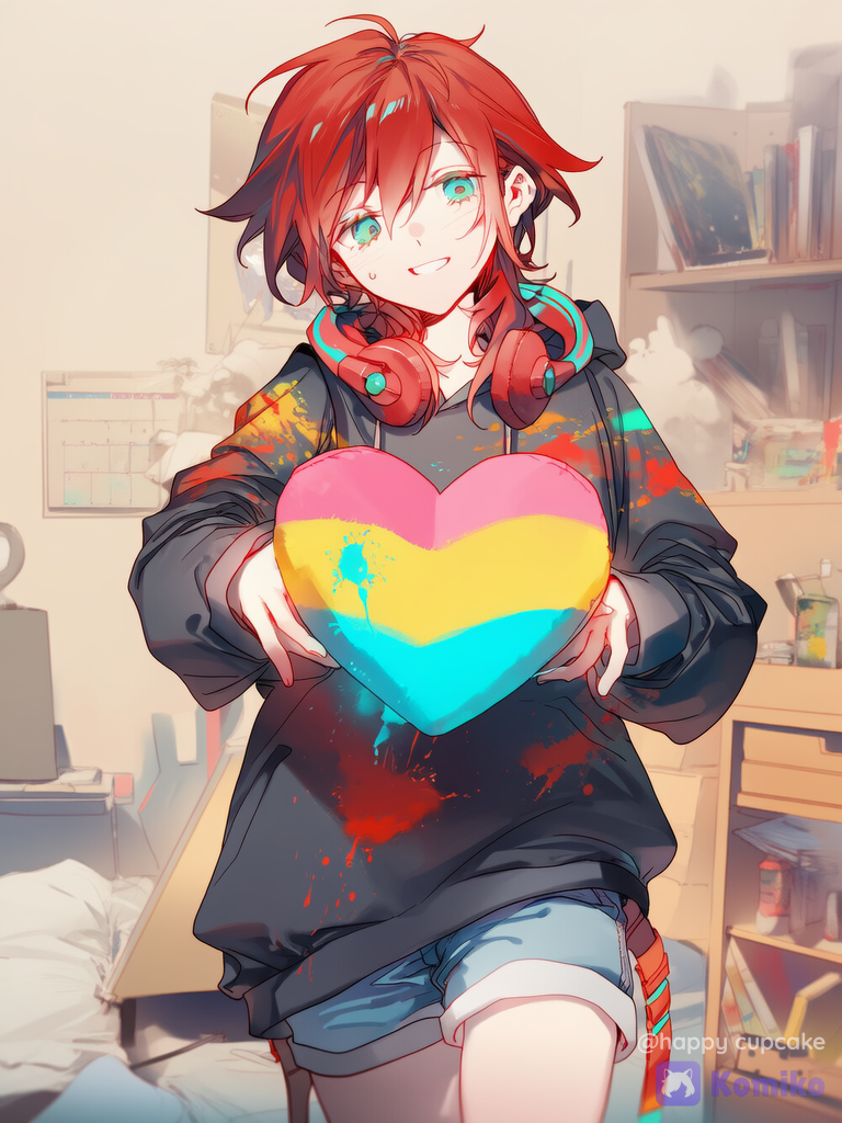 1girl, @aka-aochi-UrUC, standing, both hands holding out a heart plushie before chest, pansexual heart plushie, a heart from top to bottom pink yellow cyan three colors ONLY thick horizontal stripes, in her bedroom, artistic messy bedroom, warm palette, pastel hues, soft light, nervous smile, uncertain gesture, head tilt, soft blush, not front profile, studio lighting, [soft-glow-style], looking at viewer, cowboy shot