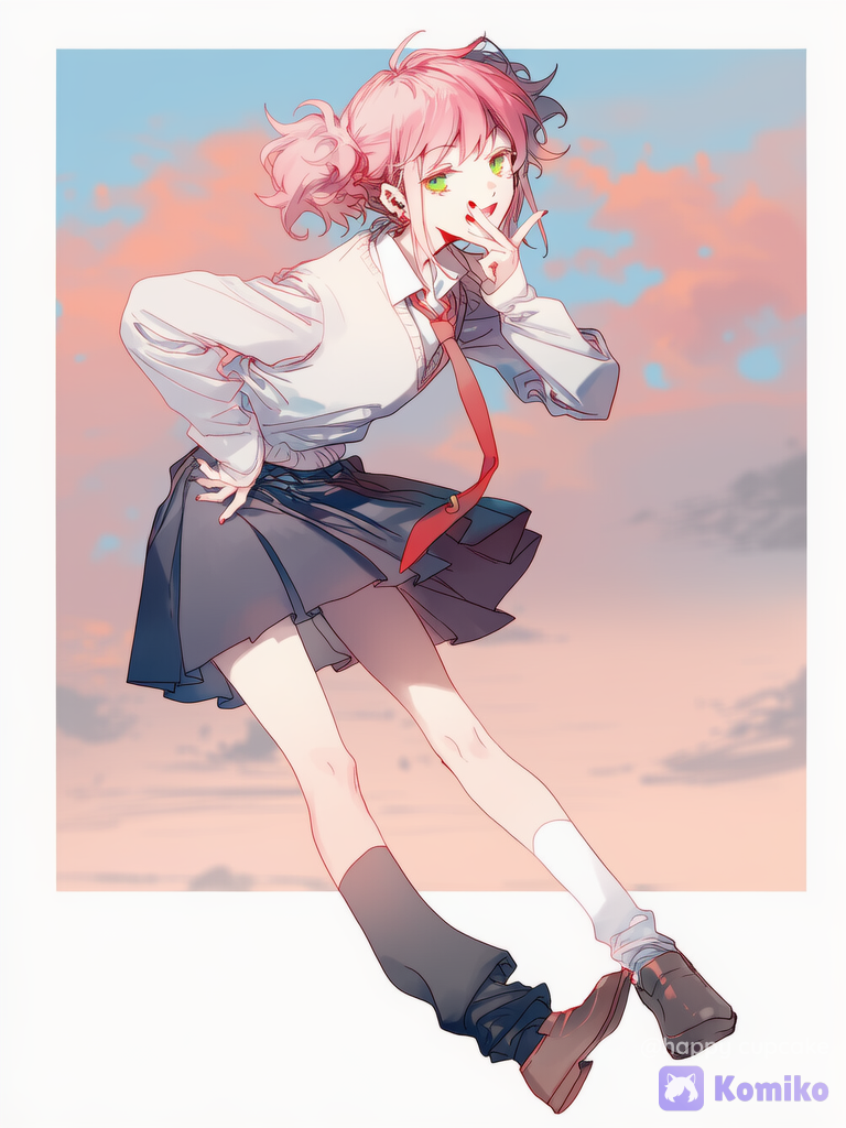 @himei-Z9Ls, leaning forward, V sign under chin, playful expression, not fully front profile, upper body shot, upper body ONLY, looking at viewer, character centered, cloudy sky, pink blue sky, gradient color, sunset sky, twilight, blurred background, white space framing the whole image, postcard form, [soft-glow-style]