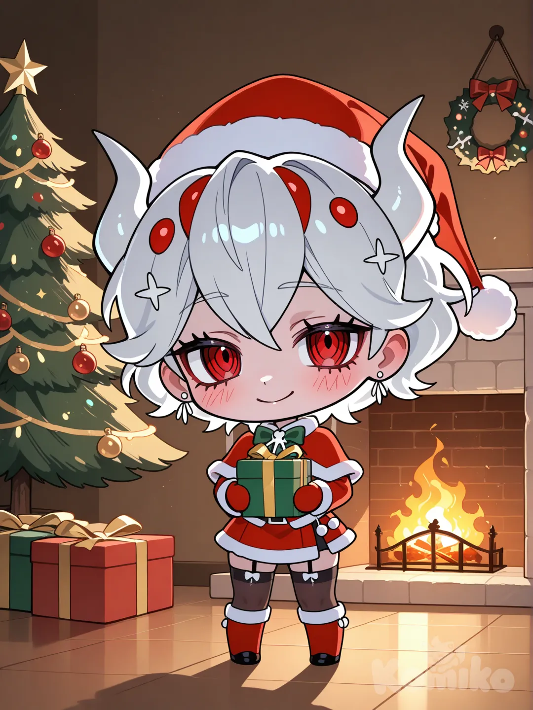 KomikoChristmas, Beelzebub helltaker, Santa's clothes, delivering a gift, Christmas tree, warm home, Christmas fireplace, Christmas decorations, chibi style, 1girl