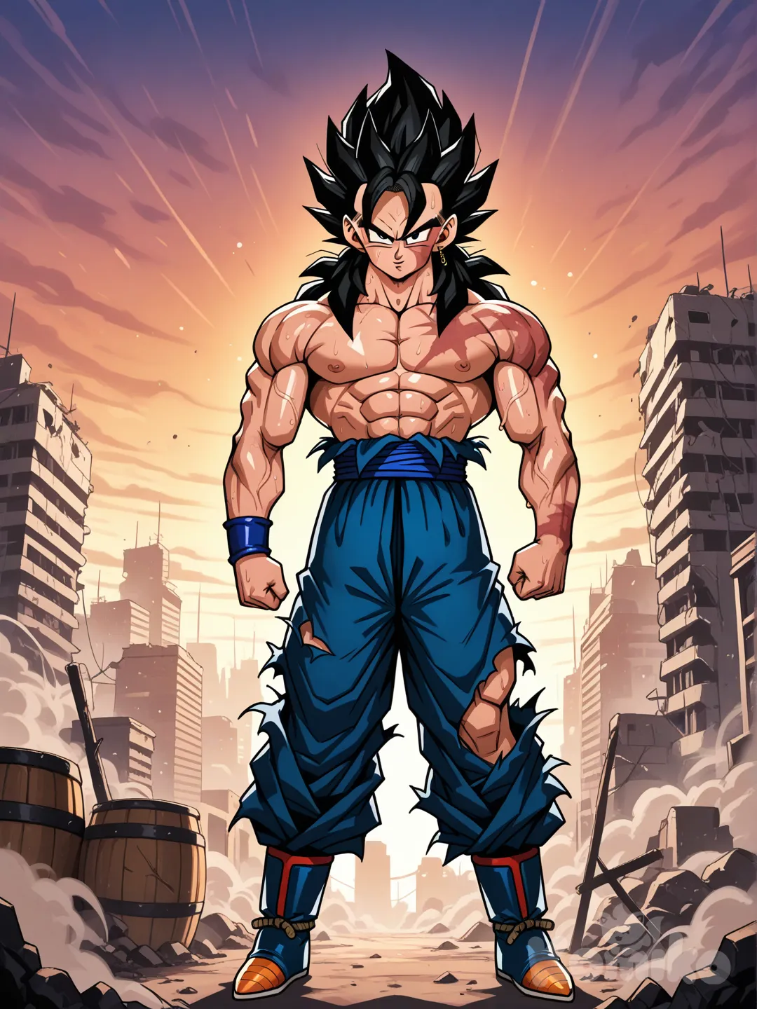 ultra 8K. Full-body portrait of Vegetto (Dragon Ball Z) as a permanent fusion in a desolate future. His physique is massively powerful: exaggeratedly broad shoulders, a barrel chest with hyper-defined pectoral striations, and a sharply chiseled eight-pack abdomen. His left arm is enormous, with a bulging, peaky bicep and thick, ropy forearm veins. His right arm is entirely missing at the shoulder, leaving a concave area of knotted, scar tissue. A thin, pale scar runs down his left cheek. A starburst-shaped, rough burn scar is visible on his right pectoral. He wears only the tattered remnants of dark blue Saiyan armor pants, torn off above the knees and frayed at the edges, hanging low on his hips. His hair is the classic Vegito style but longer, wilder, and with strands sticking to his sweaty skin. His expression is weary yet defiant, with piercing, serious eyes that hold a mix of Goku's warmth and Vegeta's severity. Dramatic sunset lighting in a ruined cityscape, casting long shadows that accentuate his muscular definition and scars. Dust particles in the air. Style: a fusion of Akira Toriyama's character design with the realistic, gritty painting style of Greg Rutkowski and the dynamic energy of Yoji Shinkawa. --ar 2:3 --style raw --stylize 180