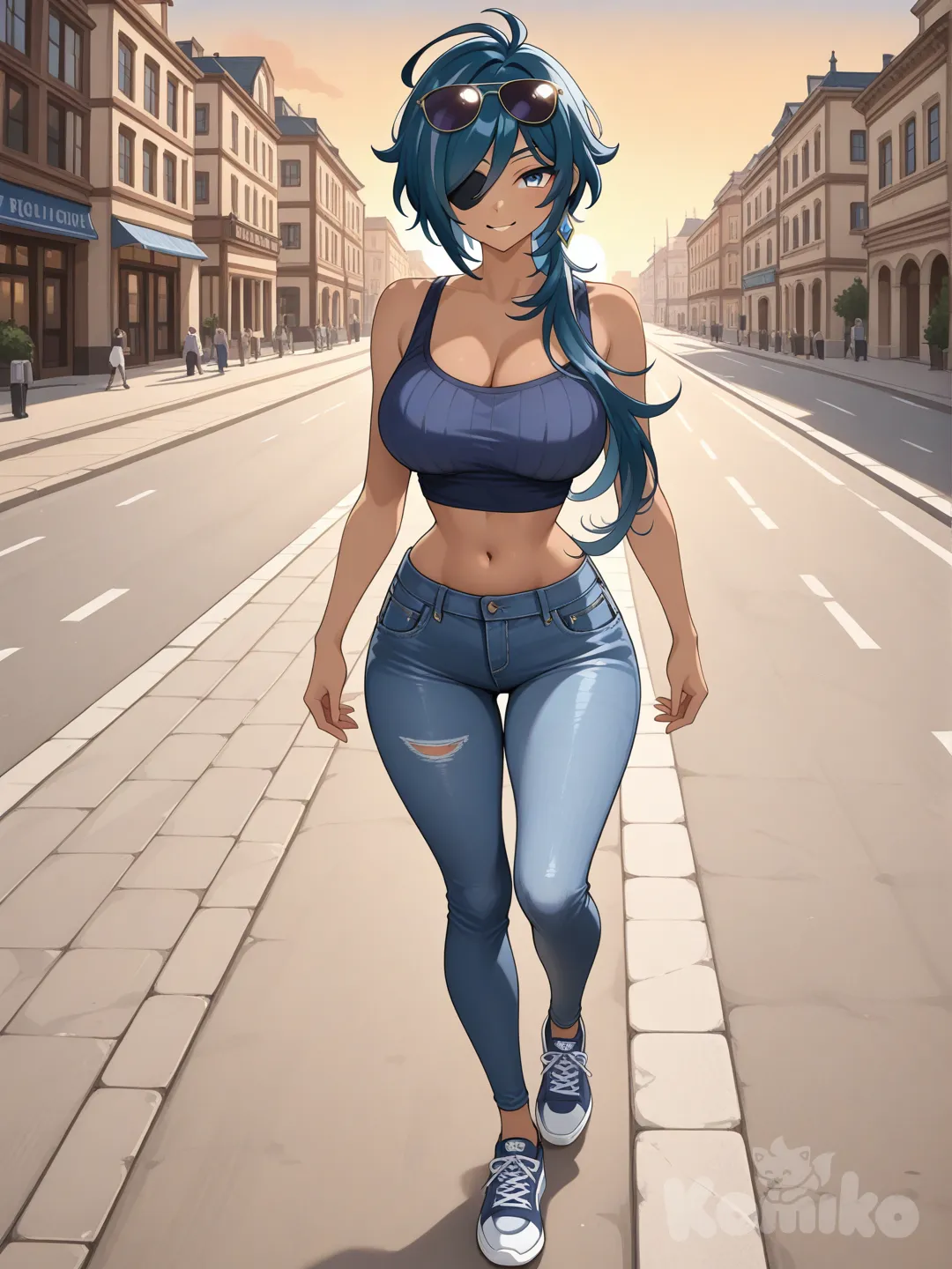 @Kaeya_(Genshin_Impact) as a woman (big cool sister) , There's an eye patch.

#big sister style , Very good figure , 

#side view 

 # upper body (Focus on the upper body, from the waist up.)

#looking at viewer #full body#, up view , #full body ,from above , day , funny , relaxed, anime style , 

#cool post

,deep sea blue Thin Cropped tank top , jeans , deep sea blue running shoes , sun glasses

relax , Taking a stroll, walking on a sidewalk , on a eveing sunnyday , in the sreet in capital city , It has a view of the sea and beach as a backdrop