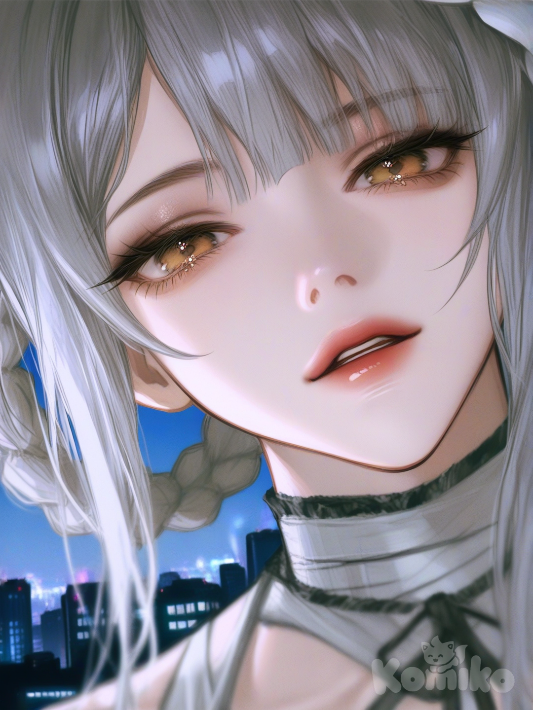 @Kaine_(Nier), [semi-realistic-portrait-style], closeup, depth of field, from below, ambient light, blue sky, cityscape