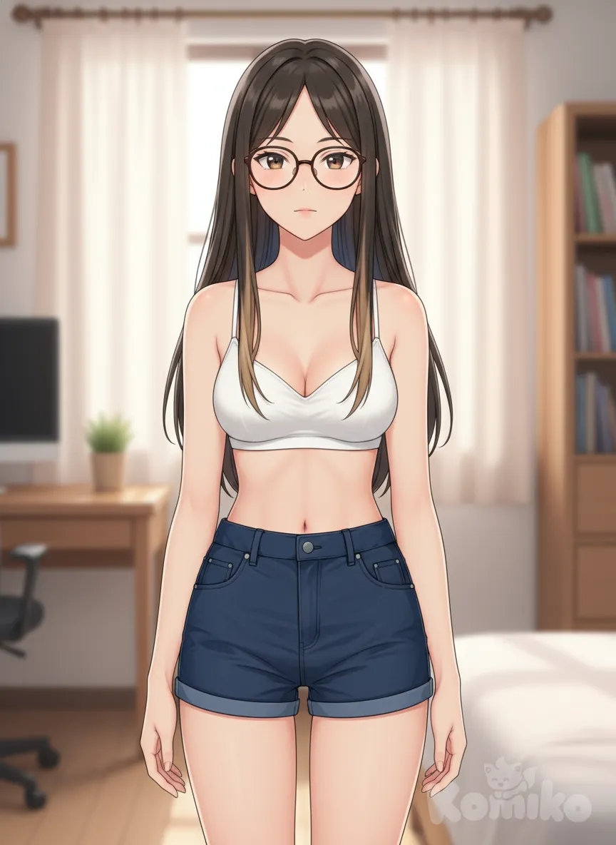 1girl, White bra, small breasts, tight shorts, full body shot. , anime style