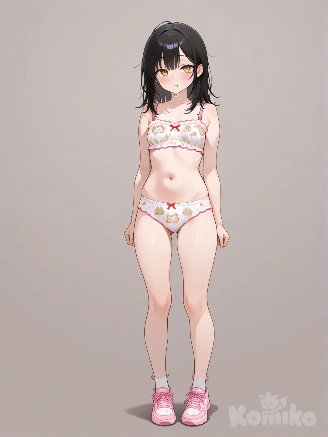 1 girl, panties and bra with children's designs, Mouth overflowing with spe, full body, Standing, Minions panties and bra