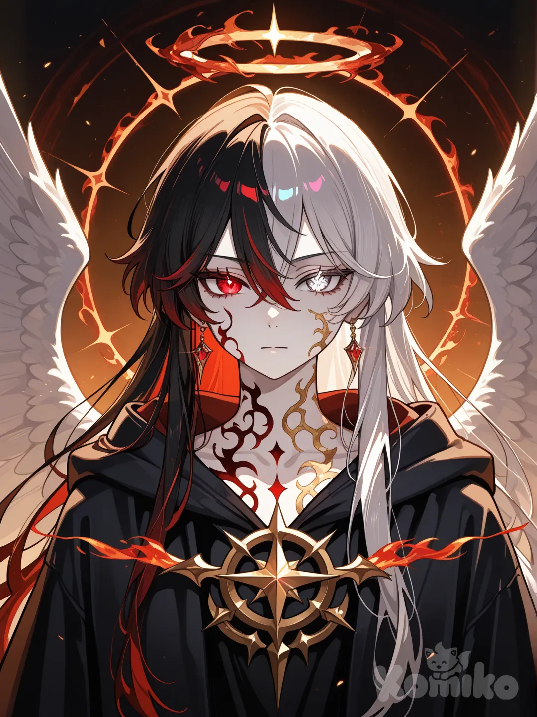 A stunning fantasy portrait of a majestic androgynous being standing in perfect symmetrical balance, embodying the eternal duality of celestial angel and shadow demon. The left half radiates divine light with luminescent pale skin, nacre-white wings cracked with golden veins, flowing silver hair, and a rose-gold eye that glows like dawn, while the right half embodies darkness with obsidian skin veined in incandescent red, a demonic wing with ember-like reflections, black hair streaked with fire-red highlights, and a burning crimson eye like living coal. The body is divided by a crackling line of energy where light and shadow spiral together, creating a powerful bicolored aura of golden halos merging with dark flames. Semi-ethereal robes of fused white and black fabric drape the figure with ancient glowing symbols etched across the skin, set against an epic fantasy backdrop with dramatic chiaroscuro lighting that emphasizes the intense contrast between divine radiance and infernal shadow.