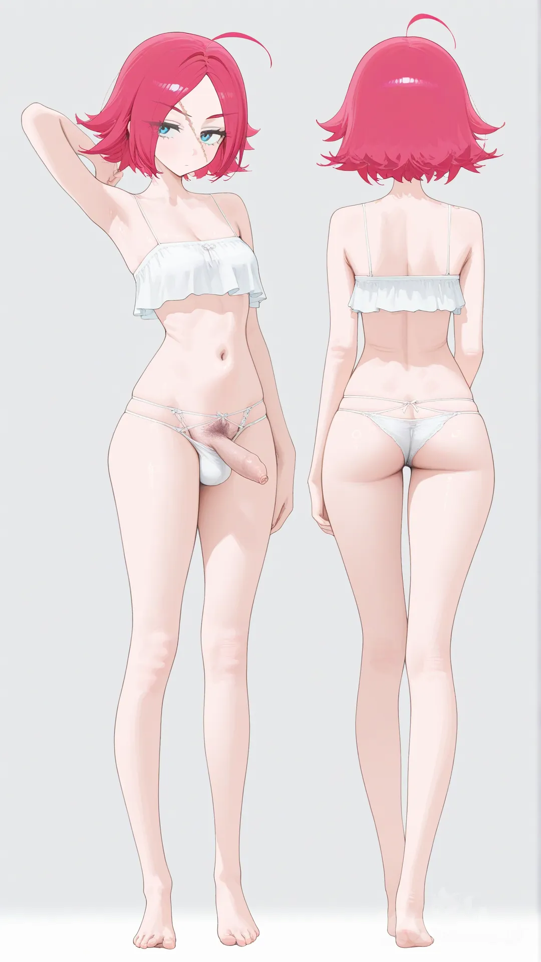 Hentai, futanari, solo, 1futa, full body, one arm raised showing the armpit, pubic hair, multiple views, first position is lightly fronted side, and the other view of her back giving the view of her ass, standing, erection, very long phimosis, [vibrant-anime-style], @Francis_Drake_ (Fate), medium penis, wearing panties and a top