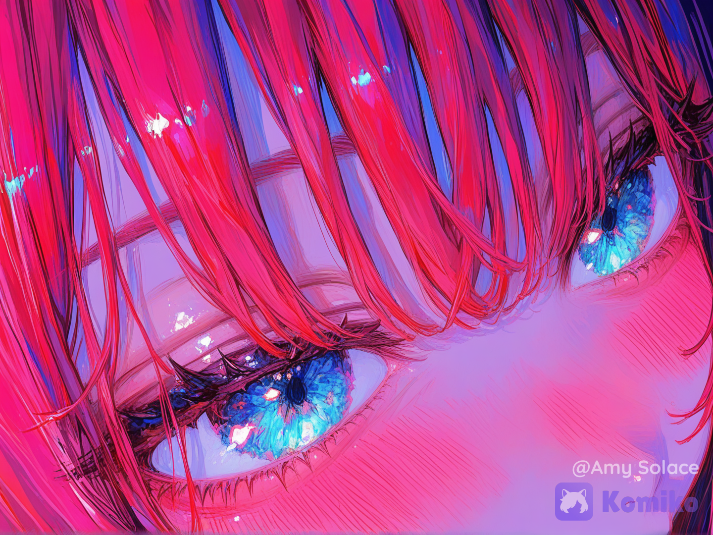 1girl, eyes, close-up, very close eyes view, eyes focus, cute eyes, blush, skin, eyes, royal blue eyes, view from top, wine red hair, both eyes, mouth out of frame, [sweet-painting-style]