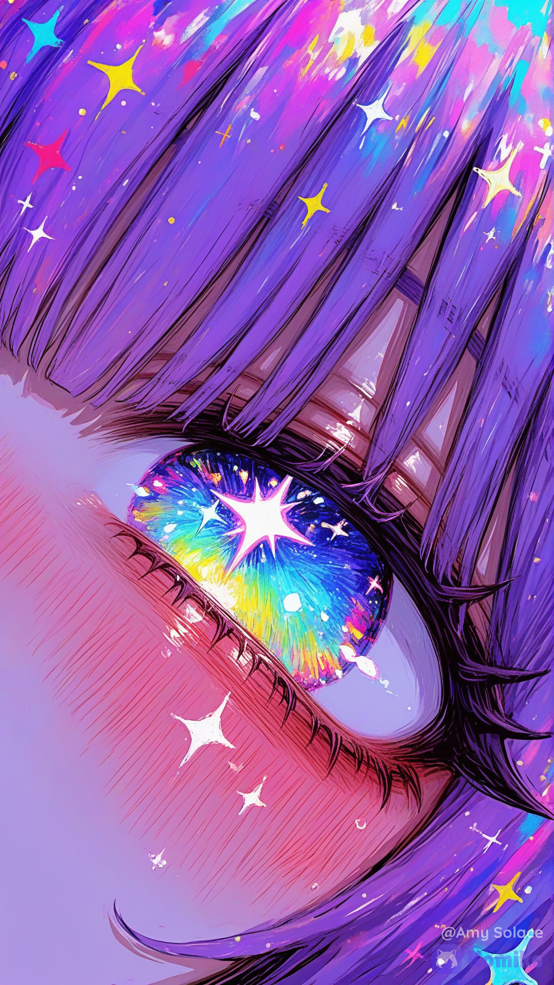 1girl, eyes, close-up, very close eyes view, eyes focus, cute eyes, blush, skin, eyes, royal blue eyes, view from top, wine purple hair, both eyes, mouth out of frame, [sweet-painting-style], multicolored eyes, explosion of color in eyes