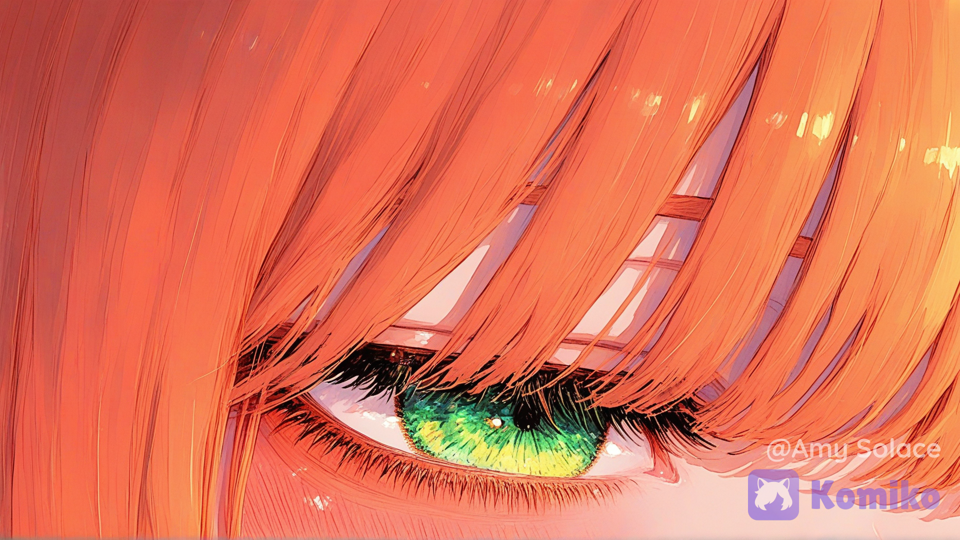 1girl, eyes, close-up, very close eyes view, eyes focus, cute eyes, blush, skin, eyes, green eyes, view from top, orange hair, both eyes, mouth out of frame, [sweet-painting-style]
