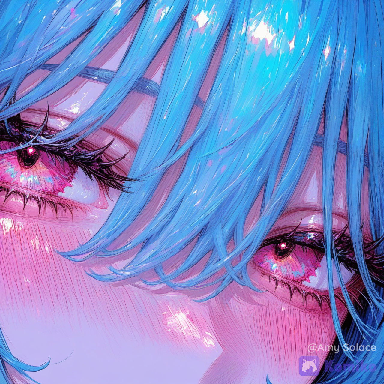 1girl, eyes, close-up, very close eyes view, eyes focus, cute eyes, blush, skin, eyes, pink eyes, view from top, blue hair, both eyes, mouth out of frame, [sweet-painting-style]
