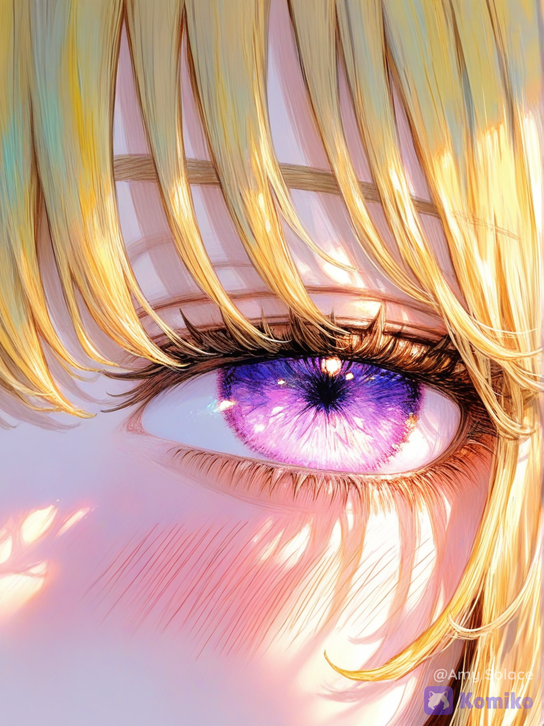1girl, eyes, close-up, very close eyes view, eyes focus, cute eyes, blush, skin, eyes, purple eyes, view from top, yellow hair, both eyes, mouth out of frame, [sweet-painting-style]
