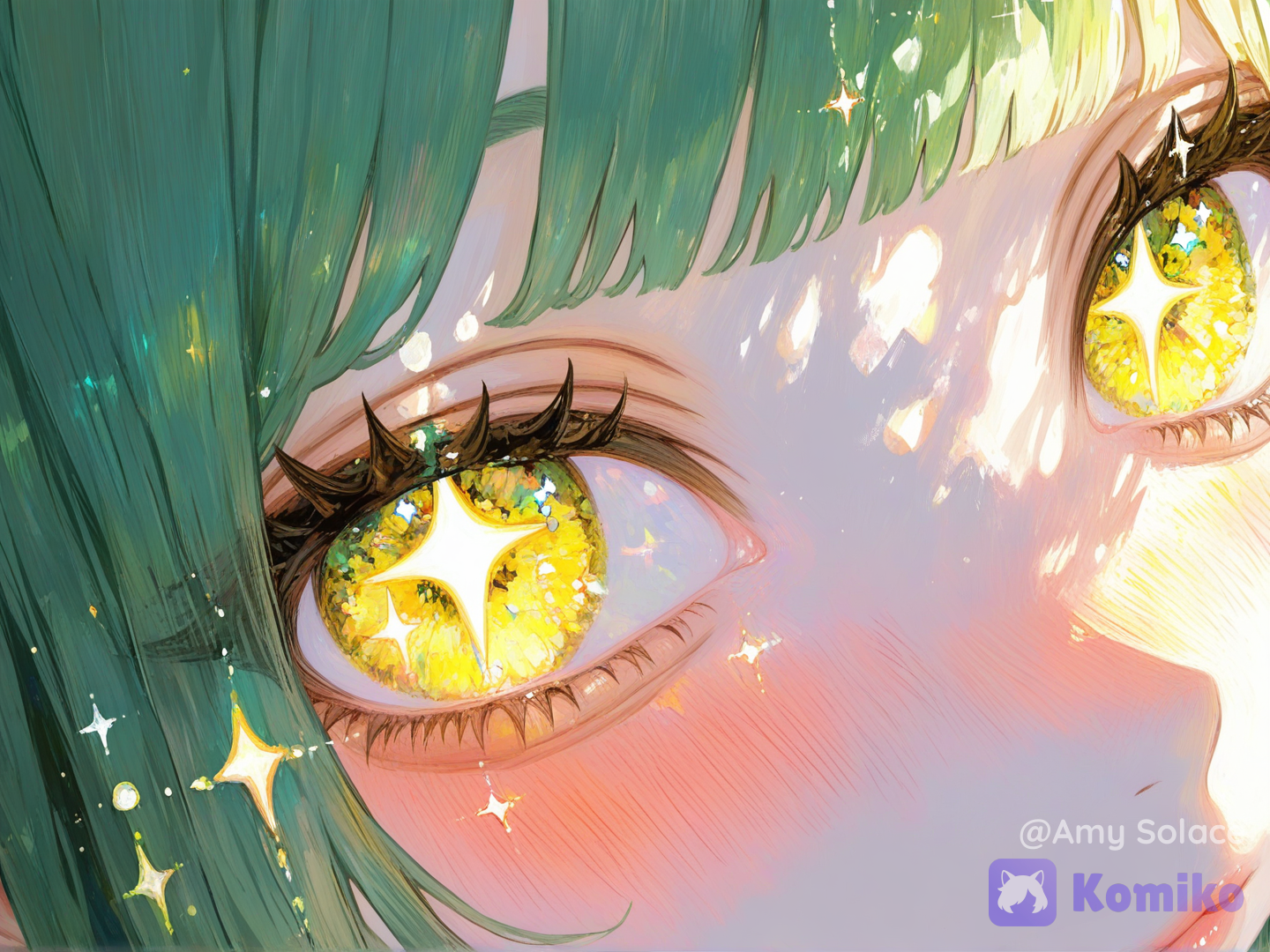 1girl, eyes, close-up, very close eyes view, eyes focus, cute eyes, blush, skin, eyes, yellow eyes, view from top, green hair, both eyes, mouth out of frame, [sweet-painting-style]
