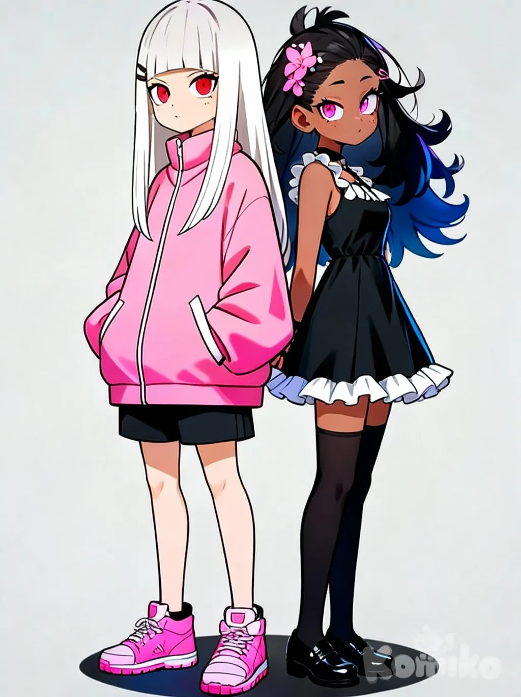 two anime girls, best friends, colorful anime style, artwork, <yuime-Ap8V>, <emi-6aUe>, 2girls, gothic, Genshin Impact, back to back, full body