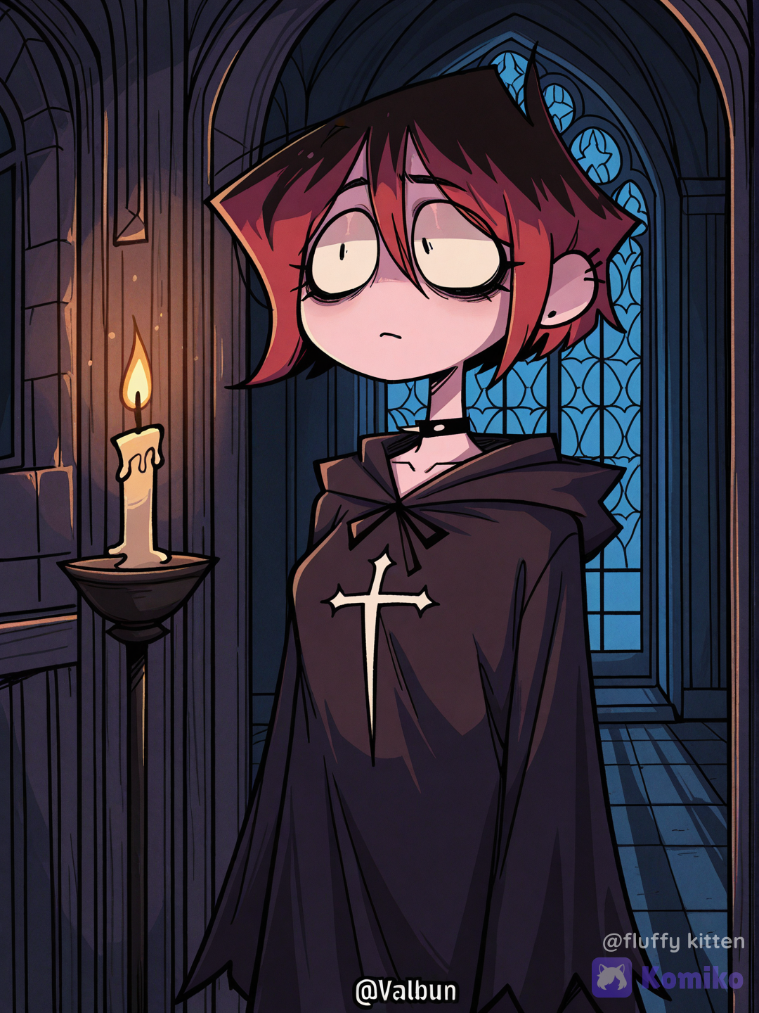 [stylized-cartoon-comic-style], 1girl, slim, gloomy face, tired face, looks away, red hair, bob cut, dark circles under the eyes, mage robe, church in the dark, night