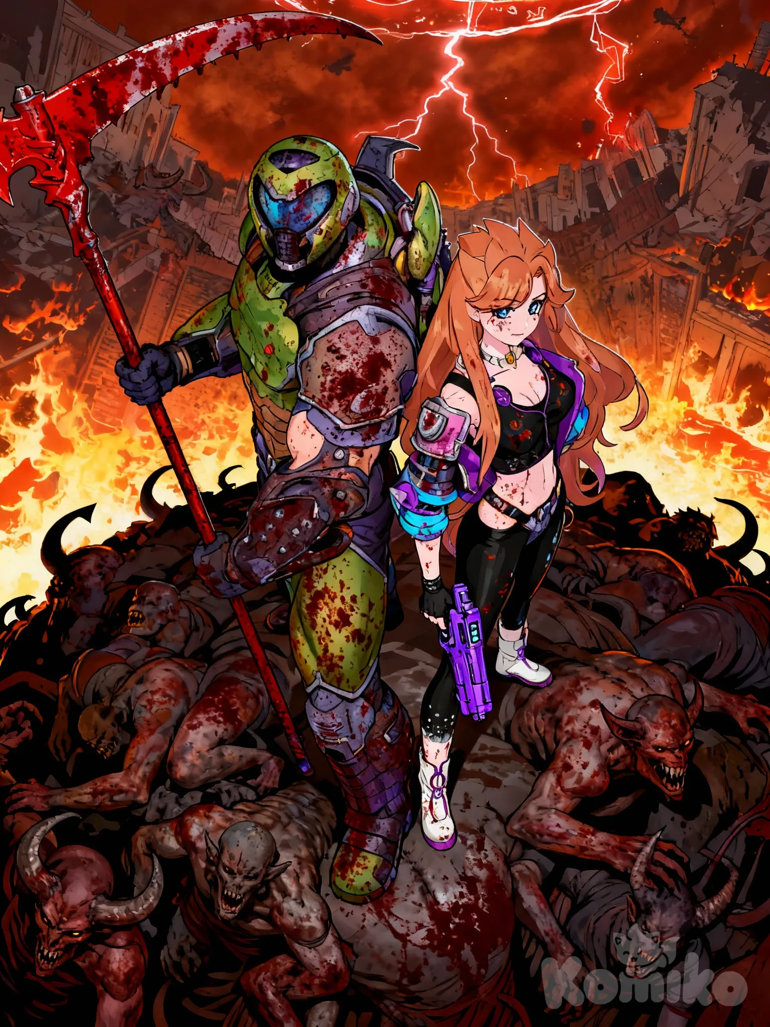 Doom_Slayer, @yuudachivells-iriI , Back to back, the two are standing on top of a pile of demon corpses, with a background like a hellscape, camera positioned from top to bottom, blood on clothes, standing, holding weapon, looking up, primer plano