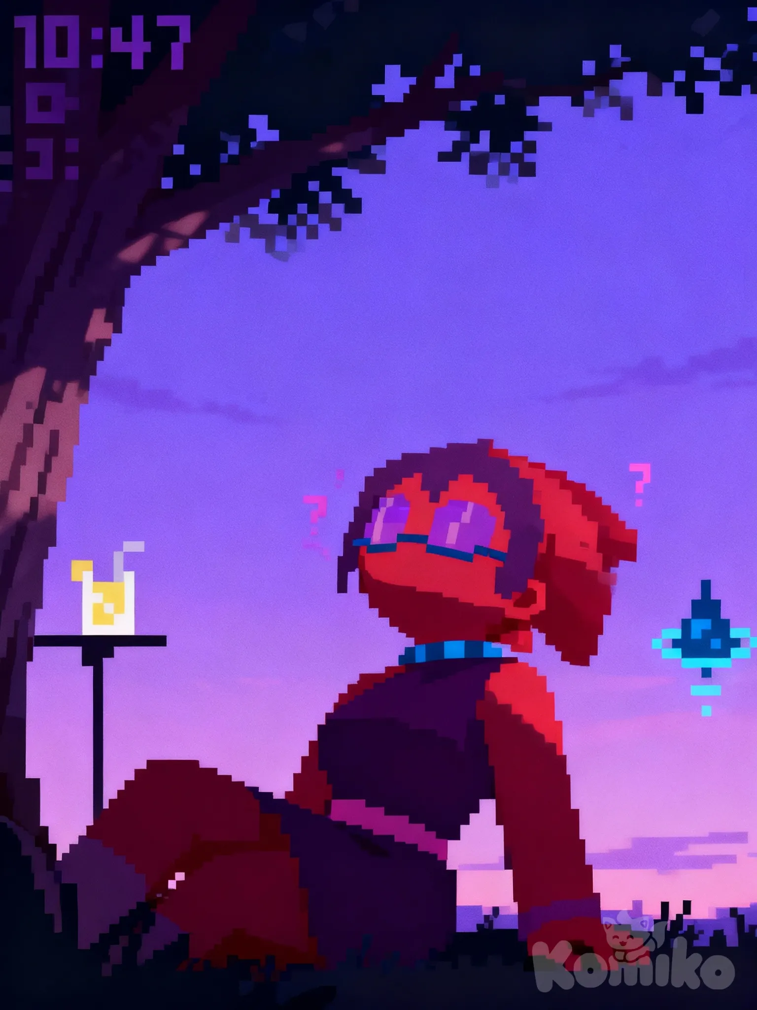Mika, against tree, sitting on tree, looking up, purple Dusk, camara pocicionada desde abajo hacia arriba, pixelart, soft Shadow.