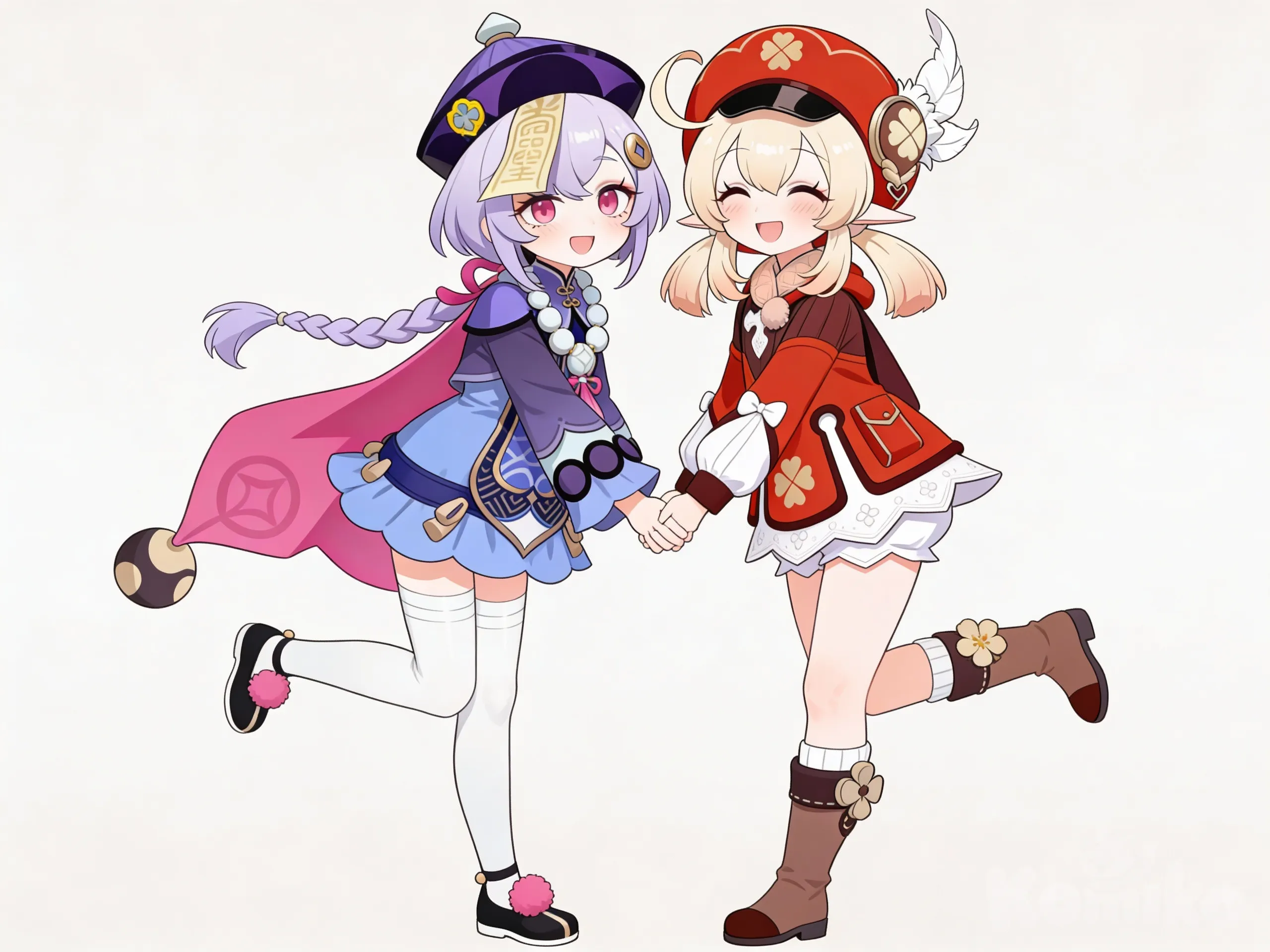 2boys, [pop-toon-style], @Qiqi_(Genshin_Impact), @Klee_(Genshin_Impact), holding hands