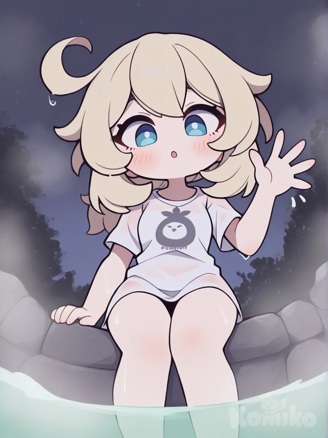 NSFW
, [pop-toon-style], Dodoco (Genshin Impact), lie on stomache, school full body, waving, from below, t-shirt, night, onsen