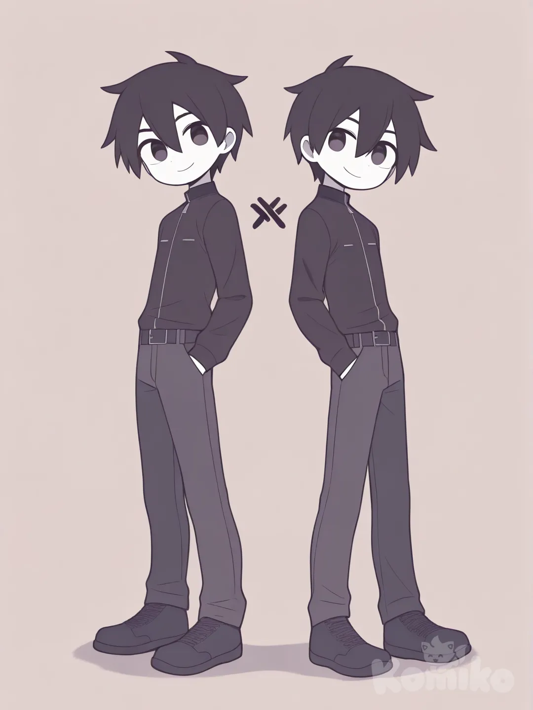 2boys, [pop-toon-style], Alastor_The_Radio_Demon, Kirito, gathering together, full body
