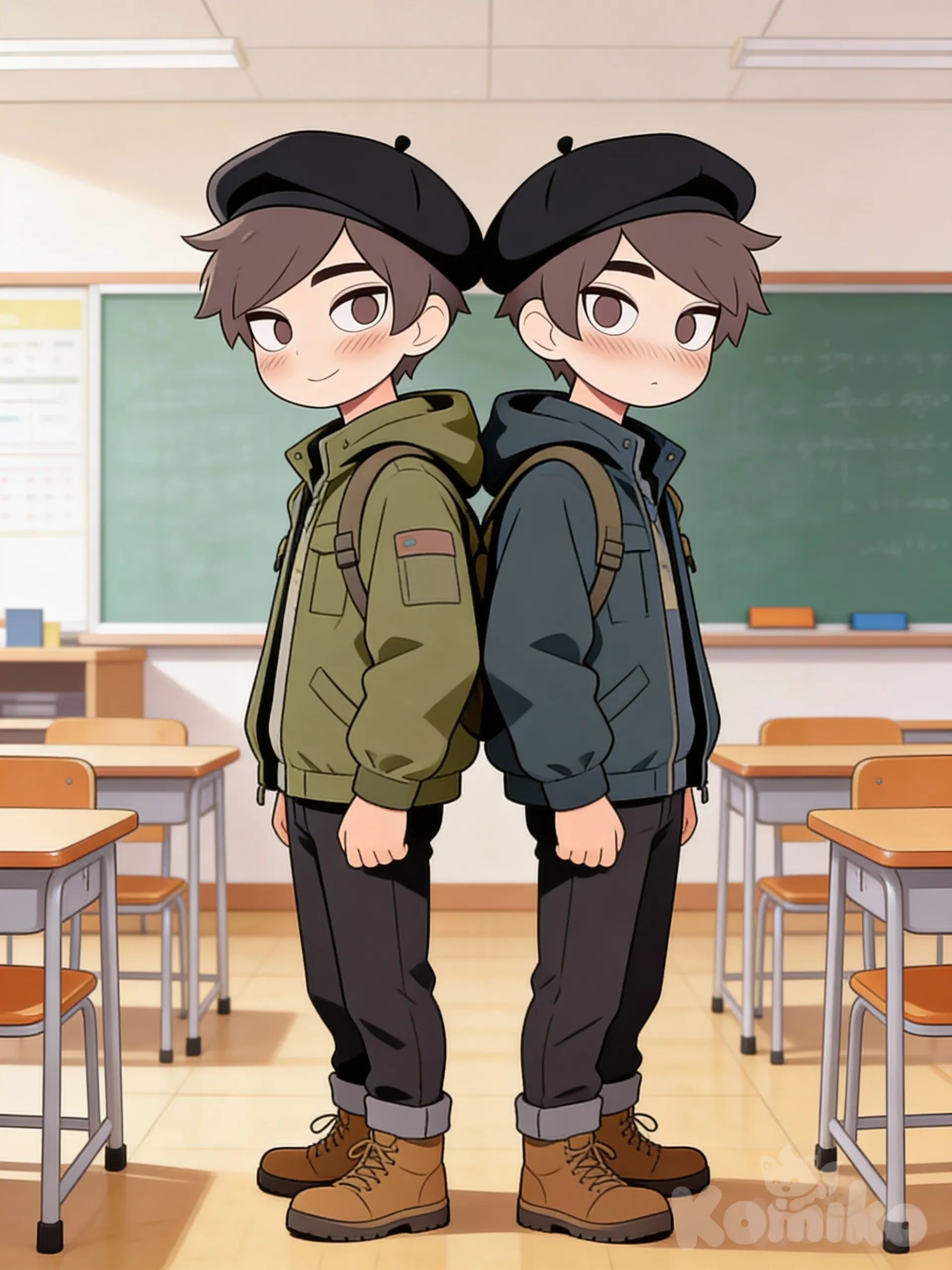 2boys, back to back, outdoor adventure jacket, beret, classroom, full body, looking at viewer