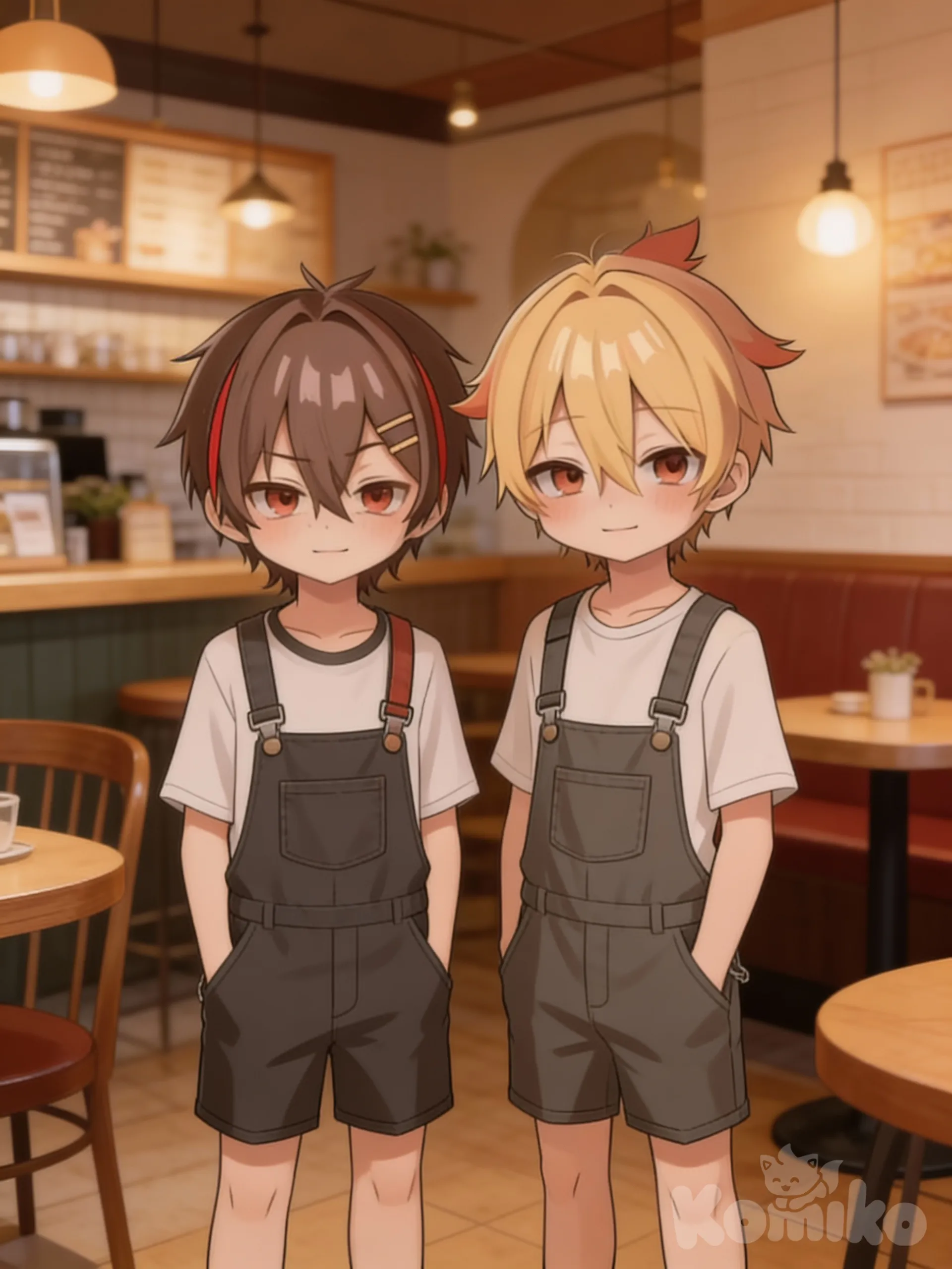 2boys, t-shirt, overalls, full body, looking at viewer, cafe