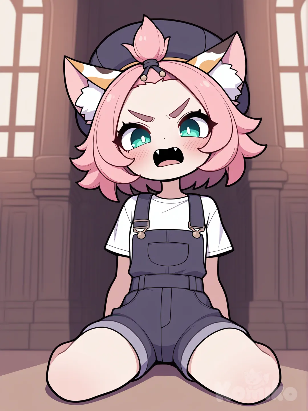 from below, Diona (Genshin Impact), [pop-toon-style], v sign, sitting on the ground, blush, full body, church, t-shirt, overalls, beret, angry