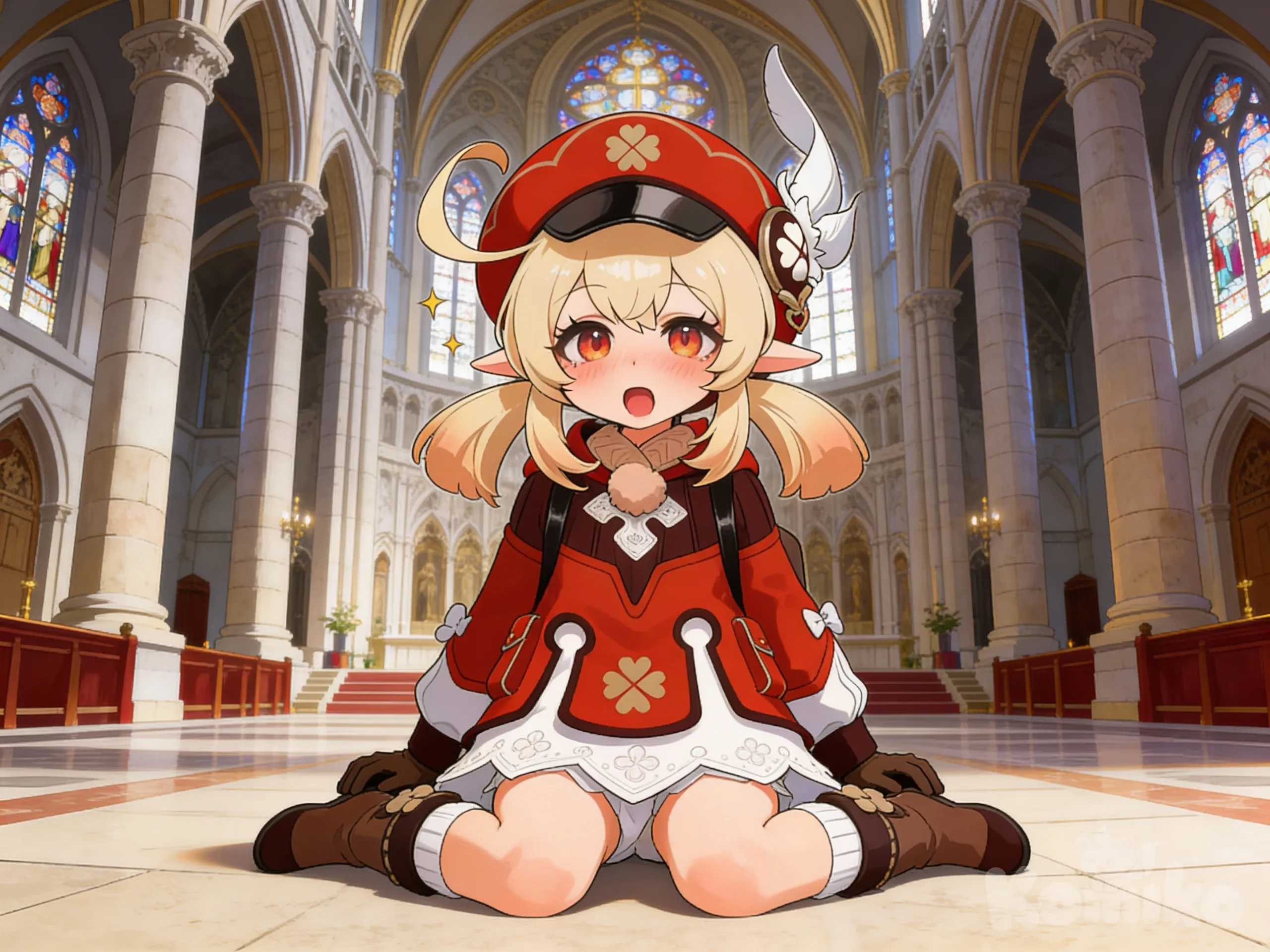 @Dodoco_(Genshin_Impact), blush, open mouth, sitting on the ground, full body, church