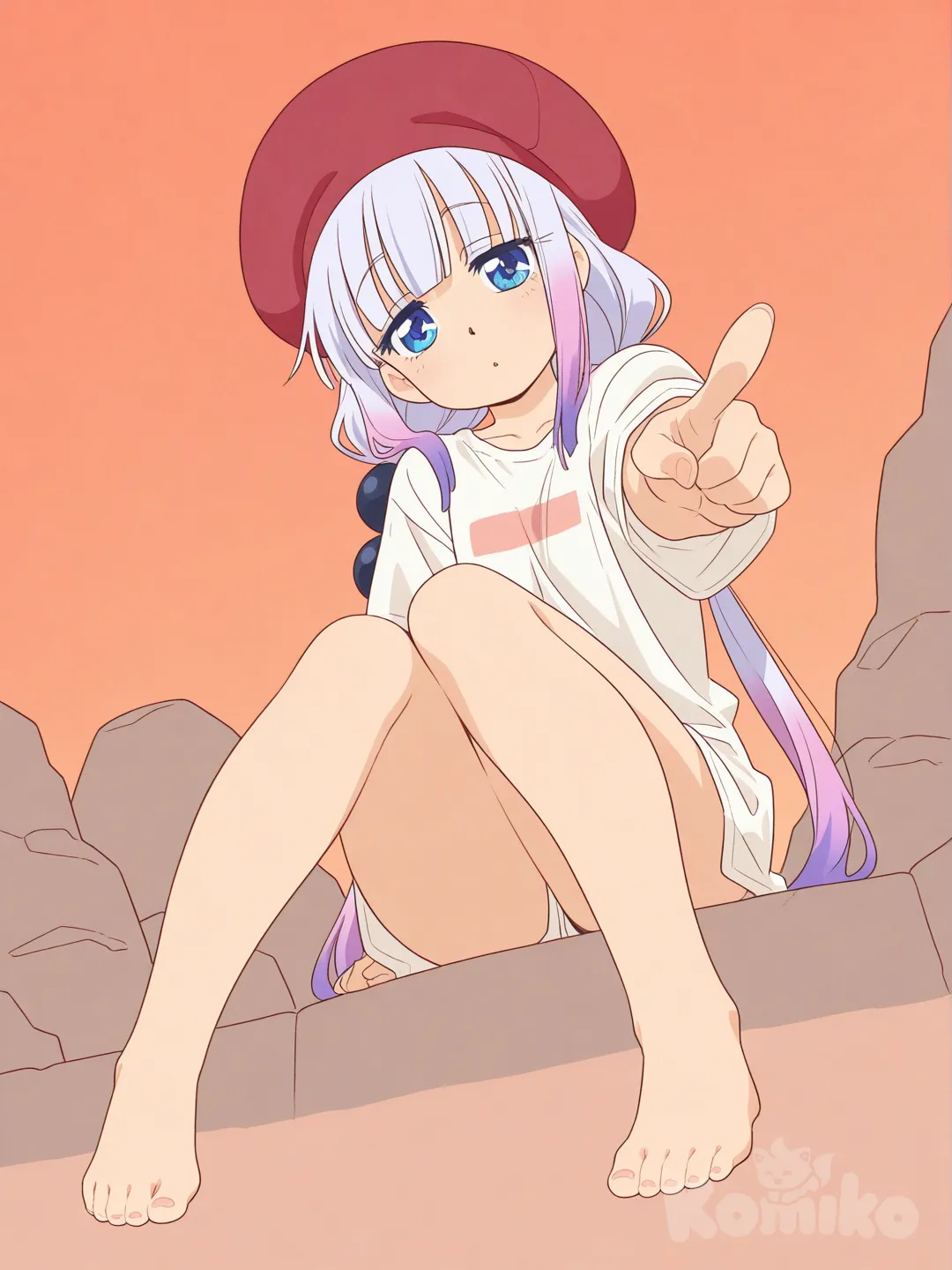 [retro-anime-style], @Kanna_Kamui, sitting on the ground, pointing at viewer, head tilt, t-shirt, beret, full body, looking at viewer, from below, onsen