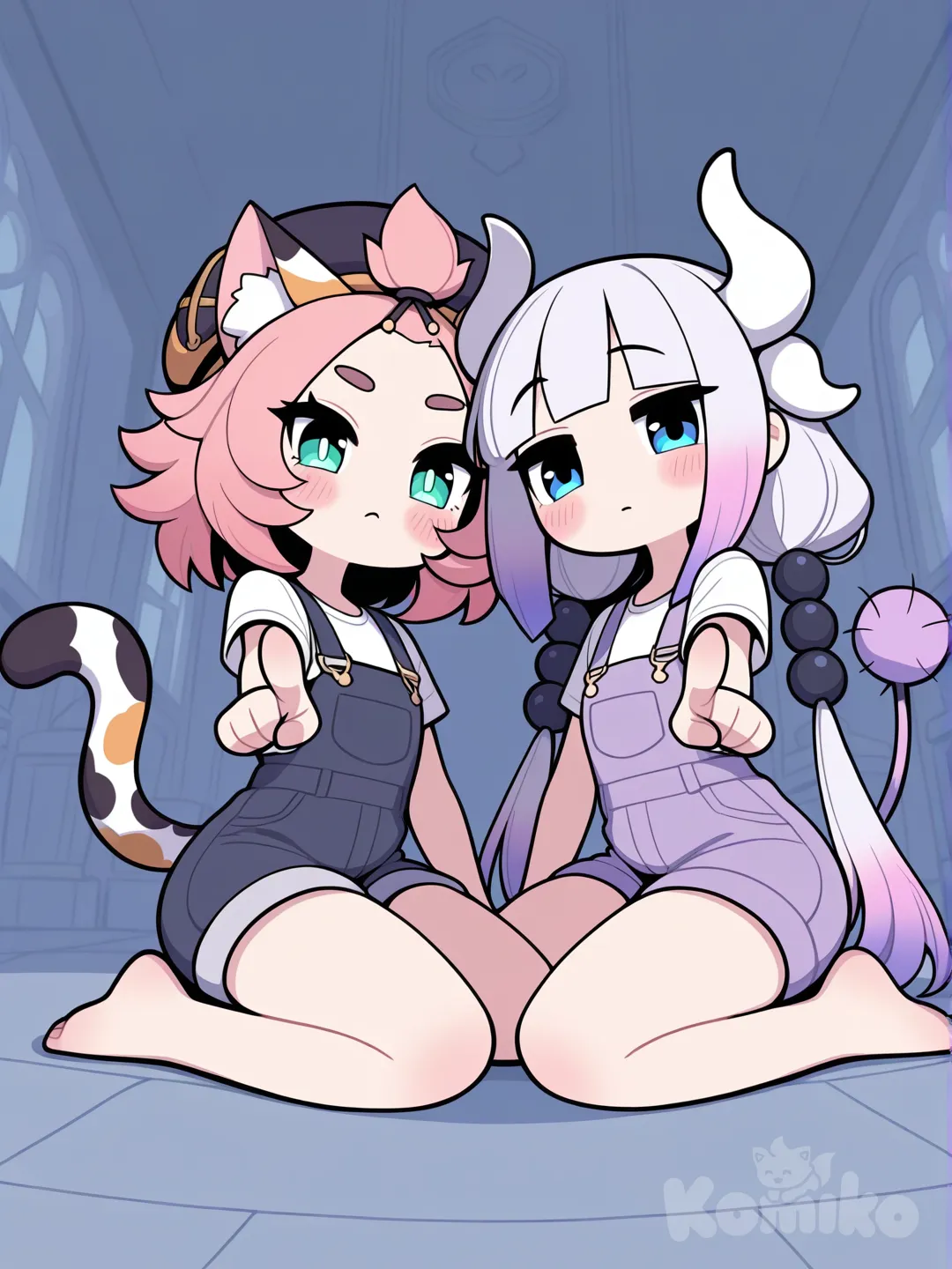 from below, Diona (Genshin Impact), [pop-toon-style], sitting on the ground, blush, full body, church, t-shirt, overalls, beret, @Kanna_Kamui, @Diona_(Genshin_Impact), gathering together, pointing at viewer