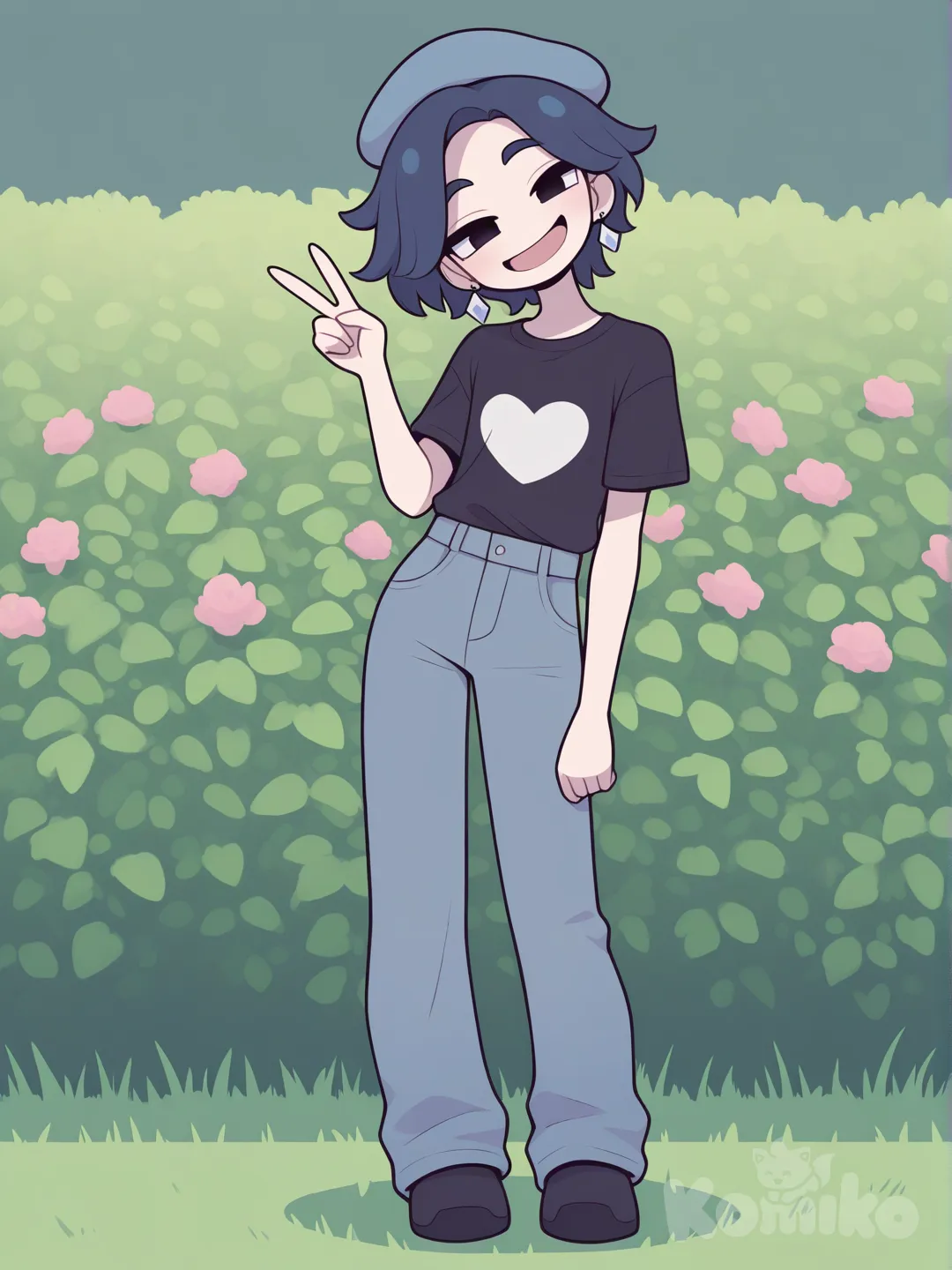[pop-toon-style], 1boy, v sign, head tilt, smirk, open mouth, t-shirt, jeans, earrings, beret, side part, navy blue, full body, looking at viewer, garden