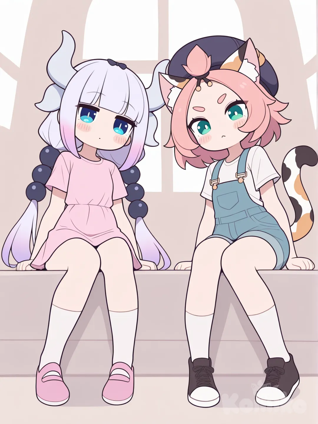 from below, Diona (Genshin Impact), [pop-toon-style], sitting on the ground, blush, full body, church, t-shirt, overalls, beret, @Kanna_Kamui, @Diona_(Genshin_Impact), gathering together, pointing at viewer
NSFW