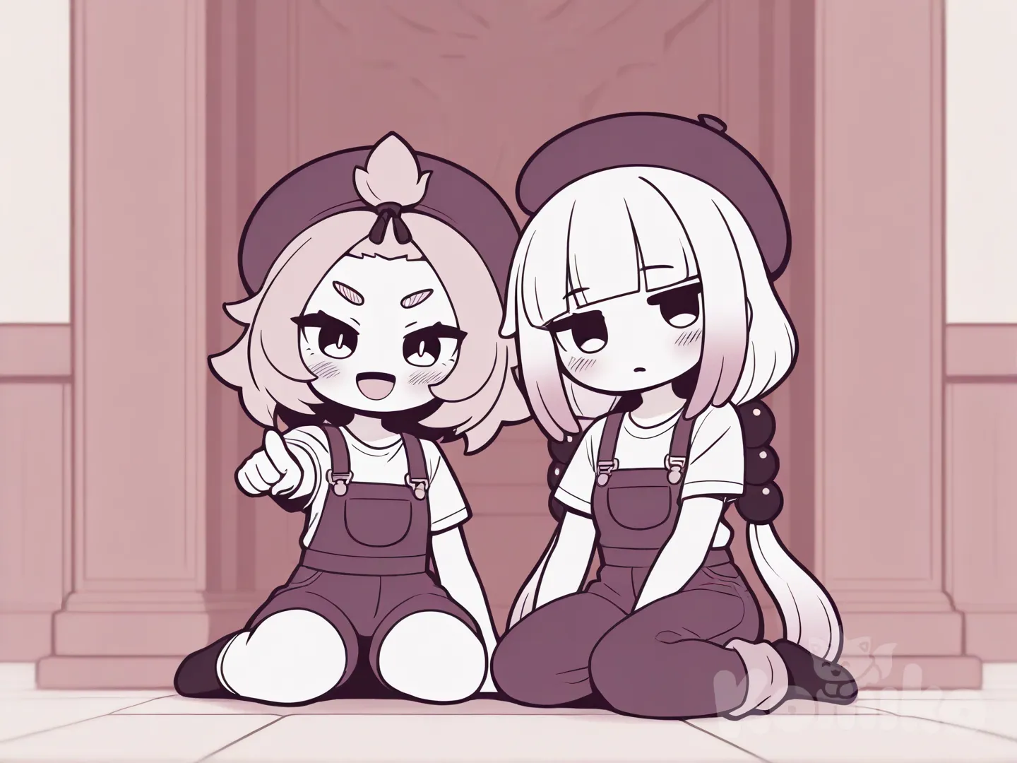 from below, Diona (Genshin Impact), [pop-toon-style], sitting on the ground, blush, full body, church, t-shirt, overalls, beret, @Kanna_Kamui, @Diona_(Genshin_Impact), gathering together, pointing at viewer, open mouth, smirk