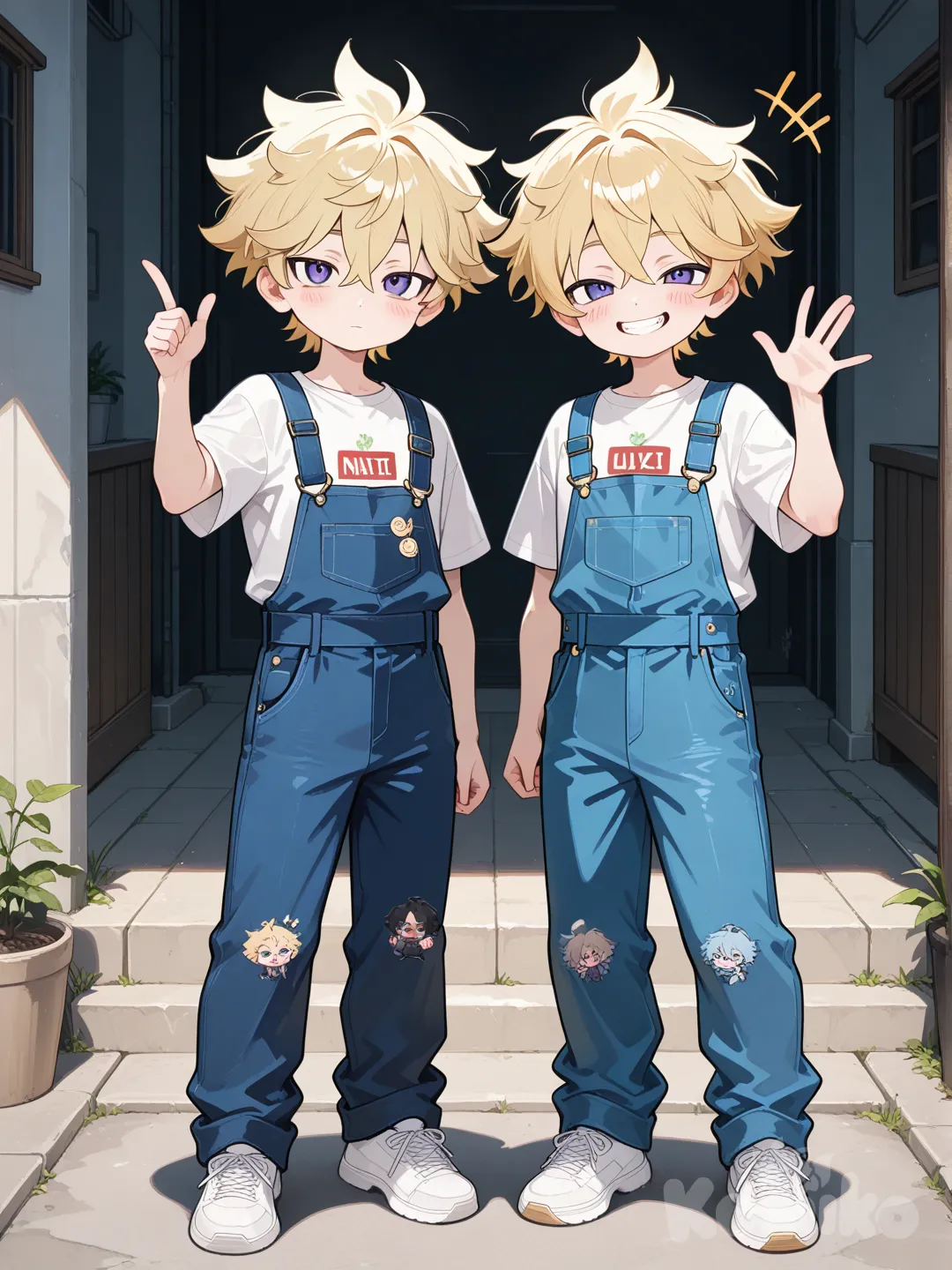 gathering together, evil , evil , evil , expressionless, blush, 2boys, full body, looking at viewer, laughing, waving, pointing at viewer, t-shirt, overalls, spiky hair, blonde hair