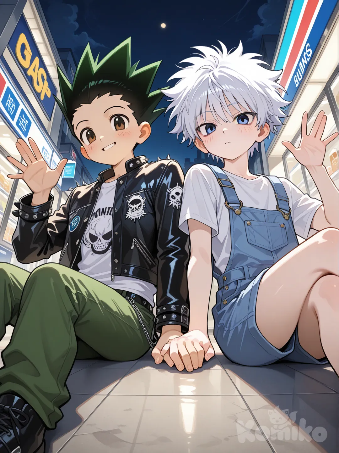 @Gon_Freecss, @Killua_Zoldyck, hands in pockets, waving, sitting on the ground, holding hands, back to back, expressionless, smirk, blush, punk leather jacket, t-shirt, overalls, looking at viewer, from below, convenience store