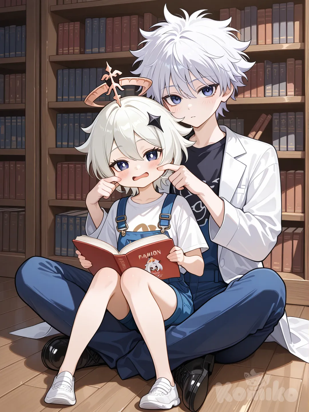 @Killua_Zoldyck, @Paimon_(Genshin_Impact), sitting on lap, blush, expressionless, open mouth, face pinching, lab coat, t-shirt, overalls, looking at viewer, full body, front profile photo, library