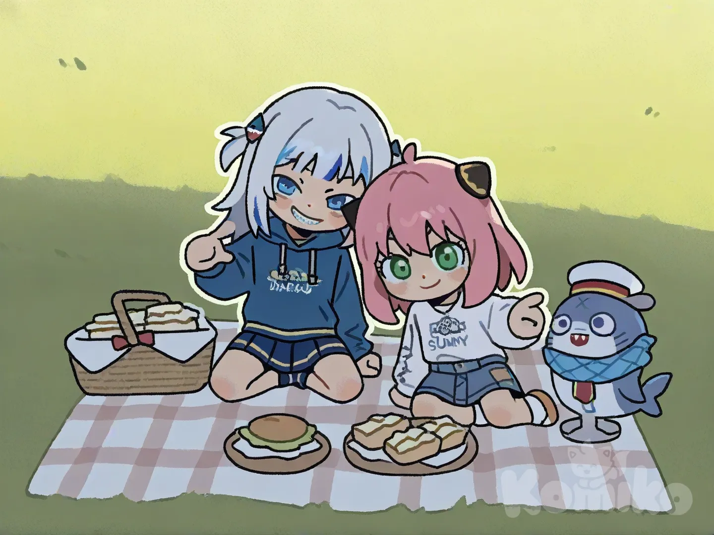 [thick-outline-style], @Anya_(Spy_X_Family), @Bloop_(Gawr_Gura), gathering together, picnic, evil smile, smirk, pointing at viewer, head tilt, hoodie, henley shirt, denim skirt, pleated skirt, full body, grassland