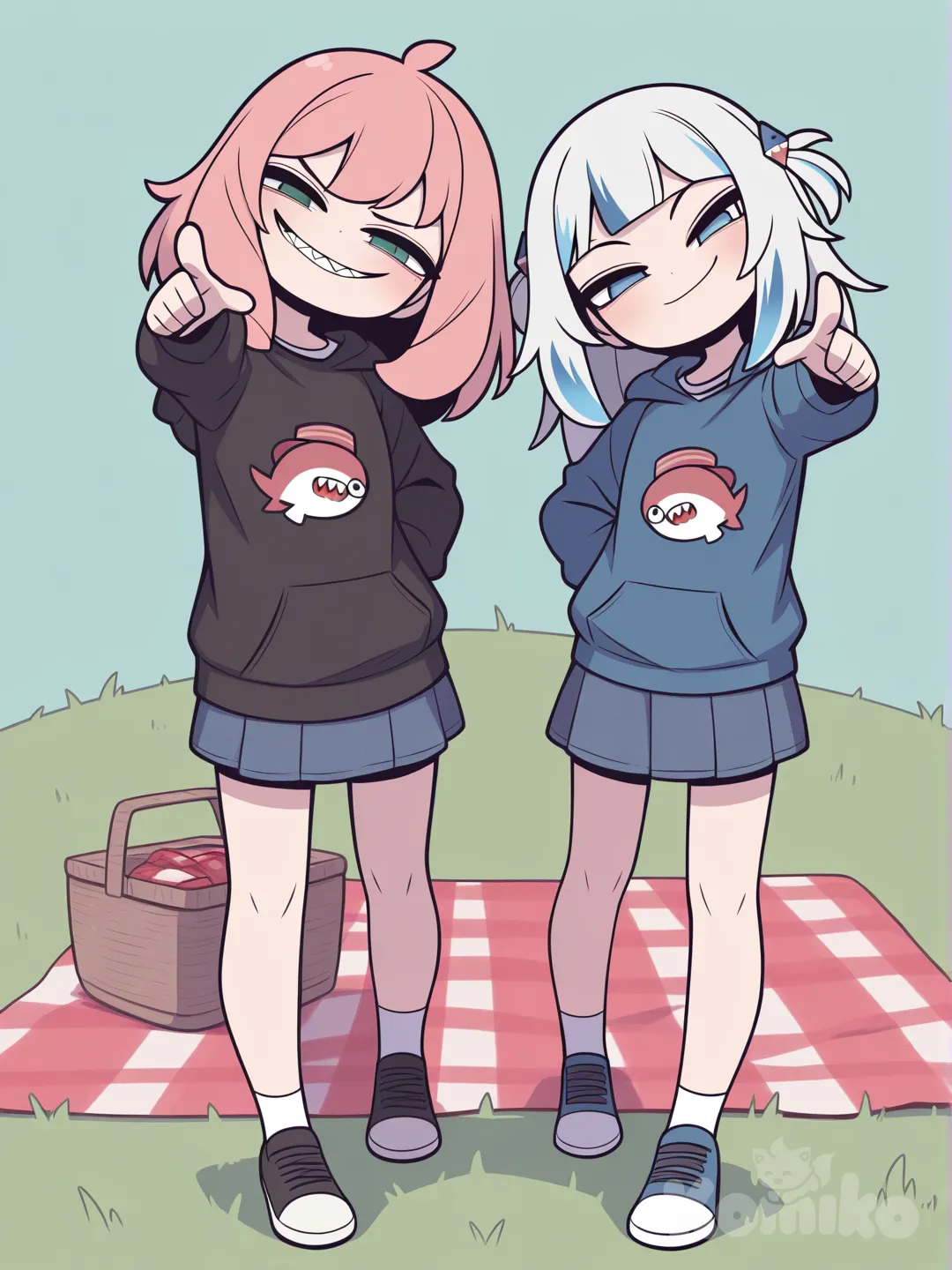 Anya (Spy X Family), Bloop (Gawr Gura), gathering together, picnic, evil smile, smirk, pointing at viewer, head tilt, hoodie, henley shirt, denim skirt, pleated skirt, full body, [pop-toon-style], looking at viewer