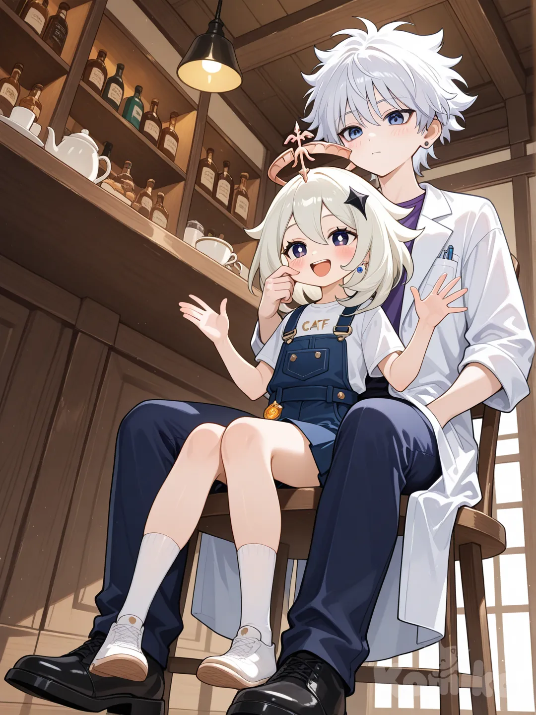 [glossy-anime-style], Killua Zoldyck, Paimon (Genshin Impact), waving, hands in pockets, sitting on lap, expressionless, laughing, blush, face pinching, lab coat, t-shirt, overalls, pleated skirt, earrings, full body, from below, cafe