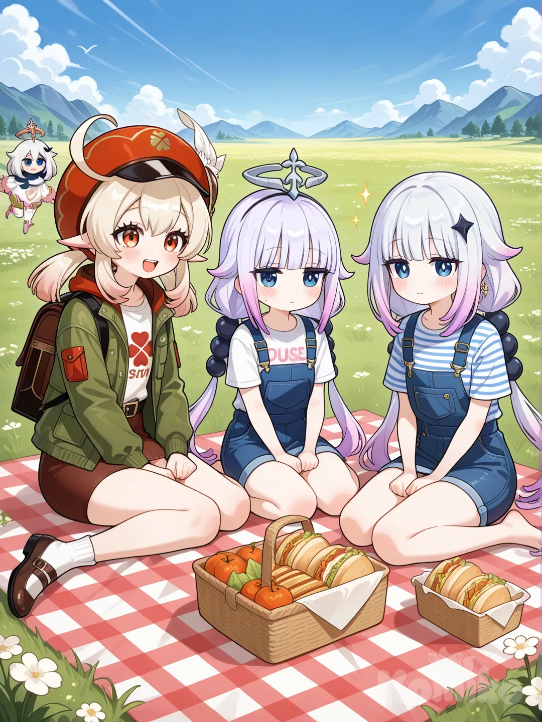 @Paimon_(Genshin_Impact), @Kanna_Kamui, @Klee_(Genshin_Impact), picnic, gathering together, blush, smile, vest, t-shirt, striped shirt, outdoor adventure jacket, overalls, capri pants, pencil skirt, earrings, full body, field, [glossy-anime-style]