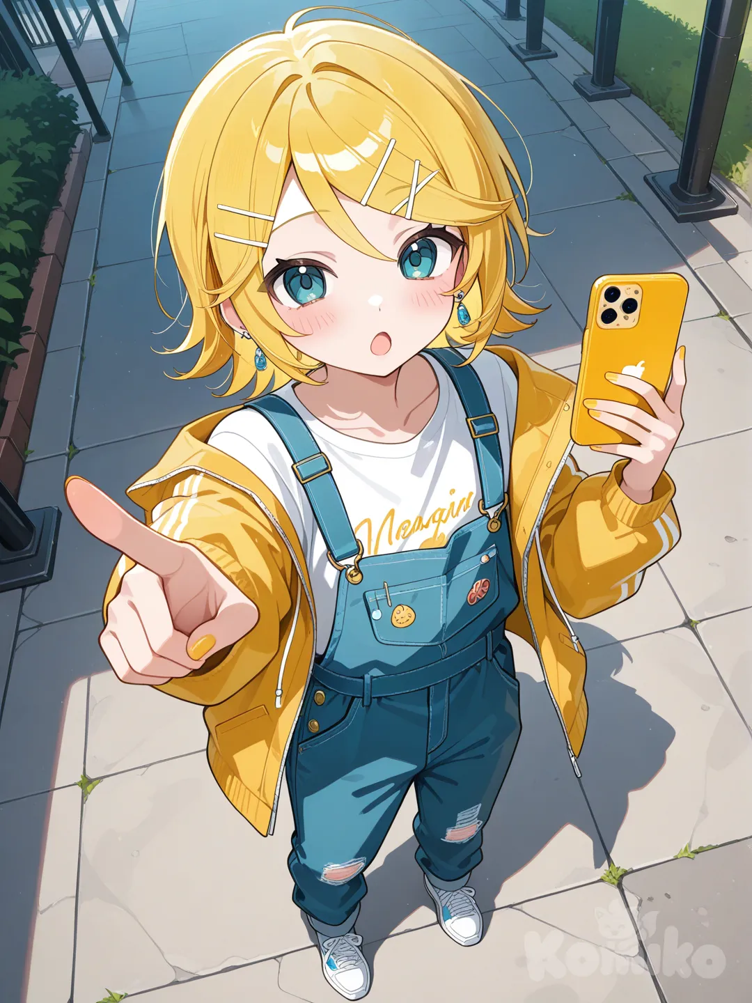 @Kagamine_Rin, 1boy, looking at phone, blush, open mouth, outdoor adventure jacket, overalls, pointing at viewer, earrings, from above, full body