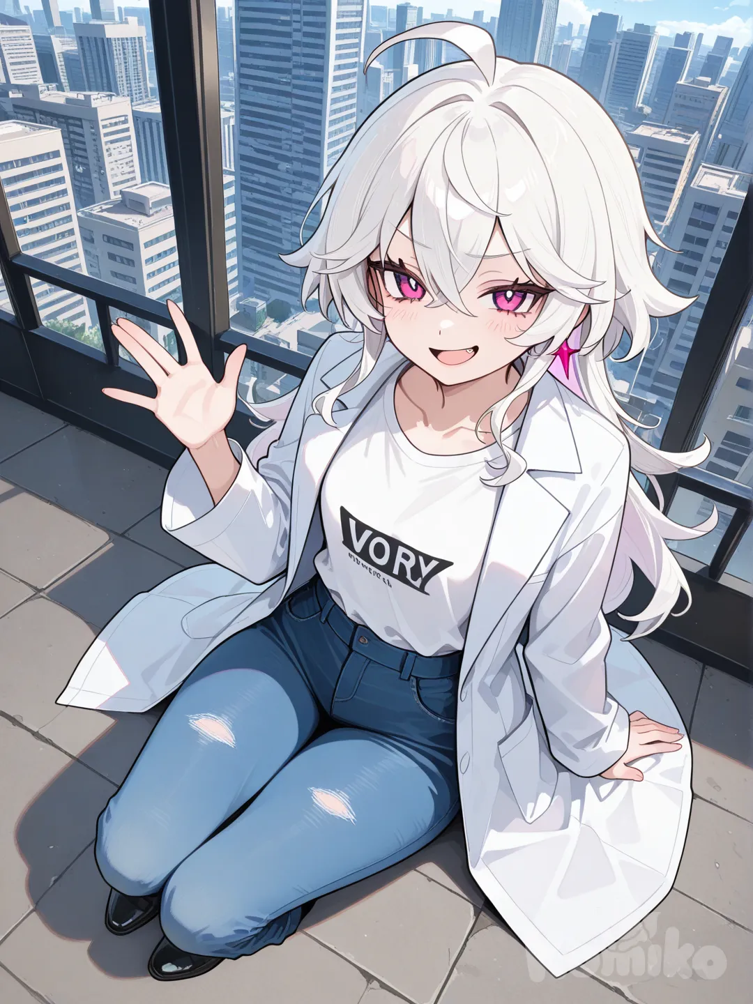 1girl, waving, v sign, sitting on the ground, smirk, open mouth, lab coat, henley shirt, jeans, spiky hair, ivory white, full body, looking at viewer, from above, cityscape