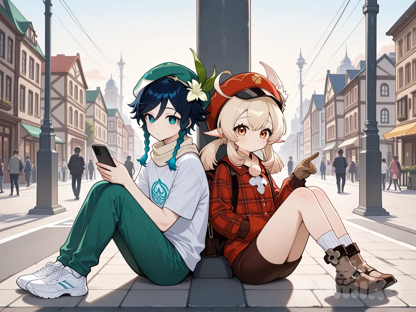 Klee (Genshin Impact), sitting on the ground, pointing at viewer, Venti (Genshin Impact), looking at phone, hands in pockets, gathering together, expressionless, blush, t-shirt, plaid shirt, pencil skirt, casual pants, beret, scarf, full body, cityscape