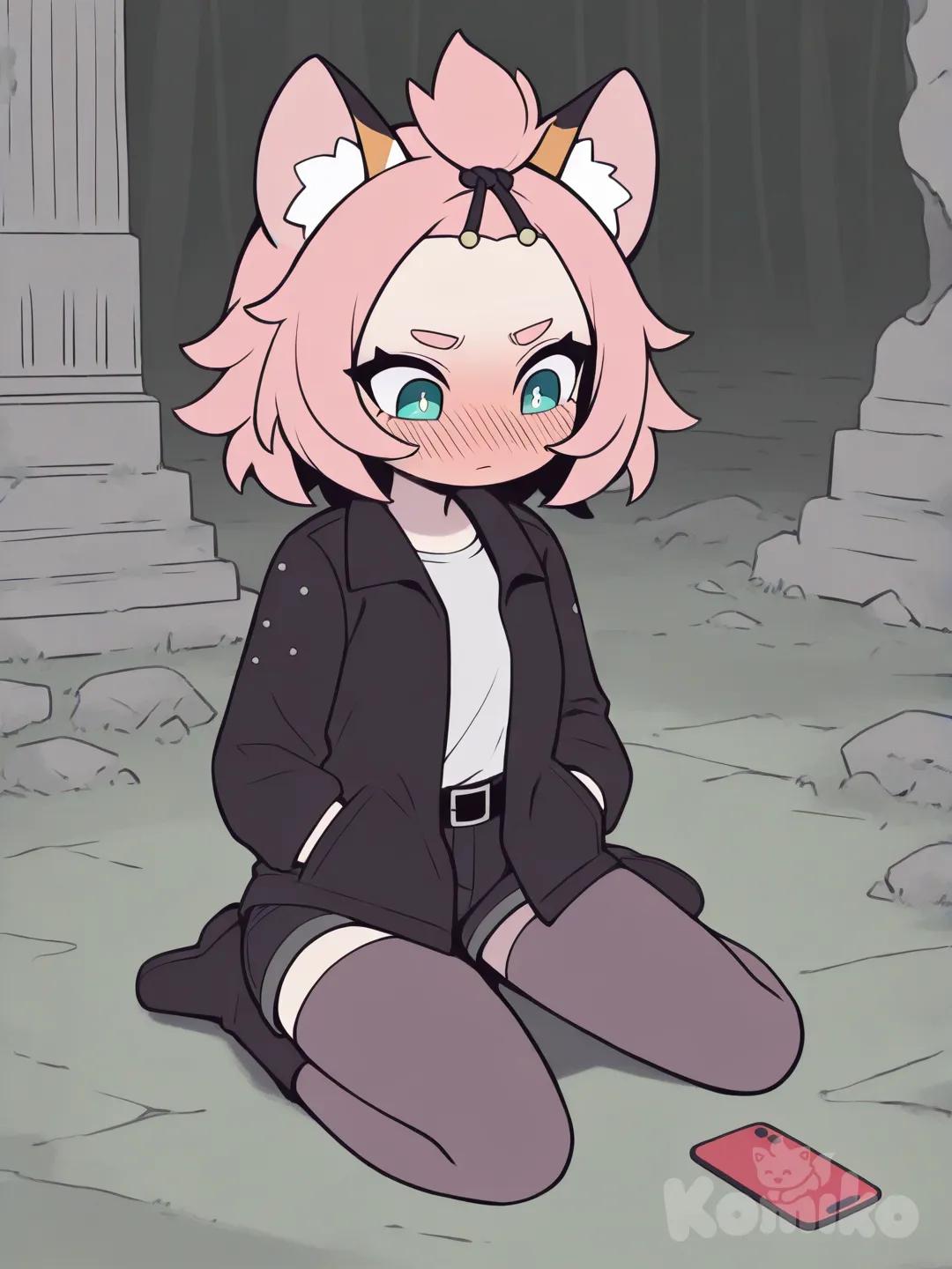 @Diona_(Genshin_Impact), [pop-toon-style], hands in pockets, looking at phone, sitting on the ground, blush, punk leather jacket, full body, ruins