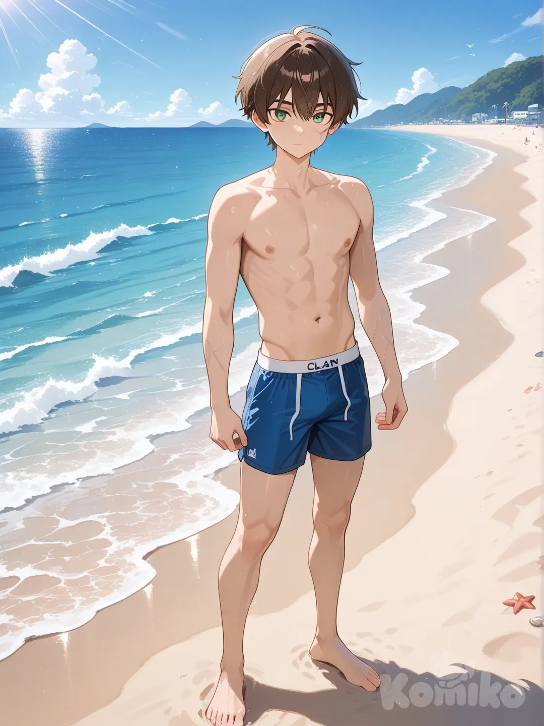 1boy, with 15 years old , short hair , brown hair, scar on face, in boxer blue , green eyes, standing, in a beach , day