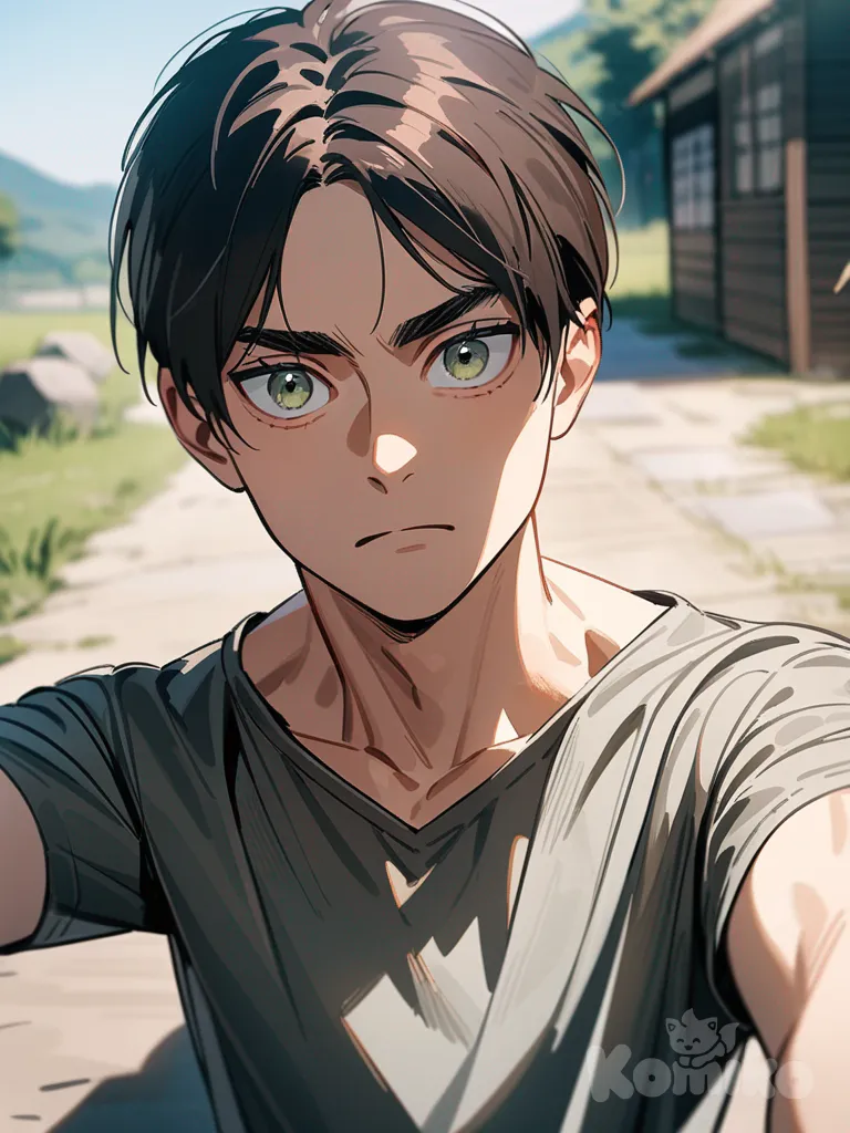 Eren Yeager, shingeki no kyojin, selfie, t-shirt, upper body, day,1 man