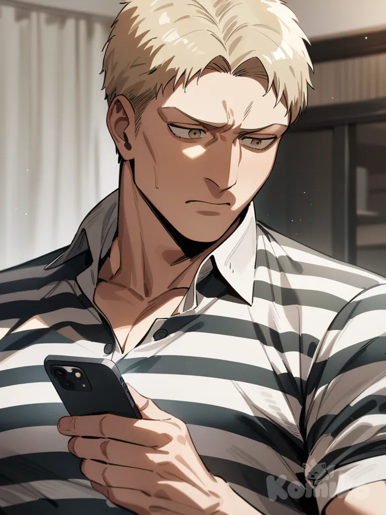Reiner Braun, shingeki no kyojin, striped shirt, upper bodyl, looking at phone