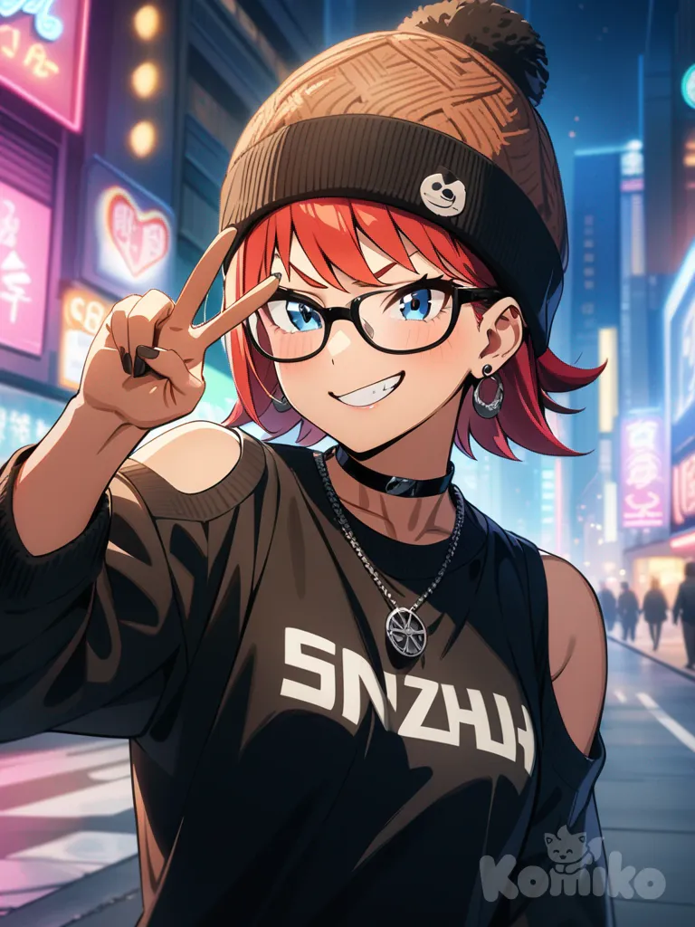 Karin uzumaki character, wearing glasses, v sign, smirk, necklace, earrings, knit hat, shoulder cutout, upper body, neon lights, cityscape, official art, red hair