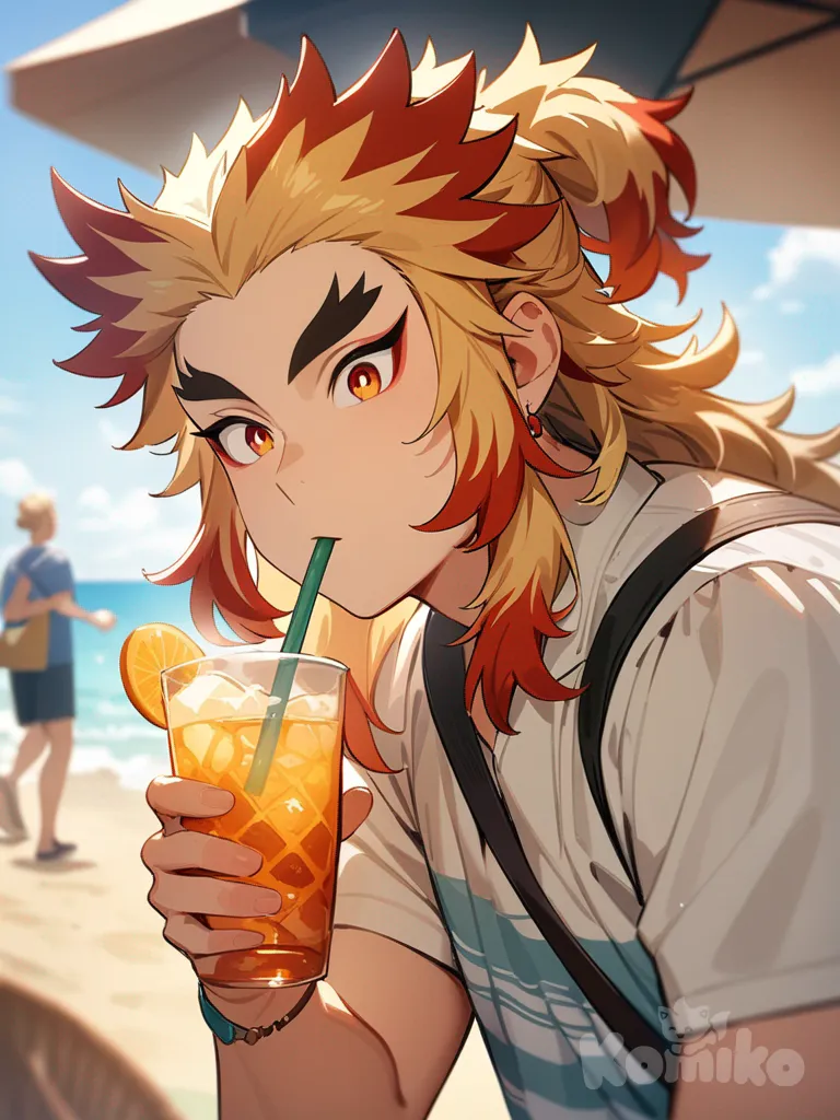 Rengoku Kyoujurou, drinking straw in mouth, summer outfit,upper body, summer